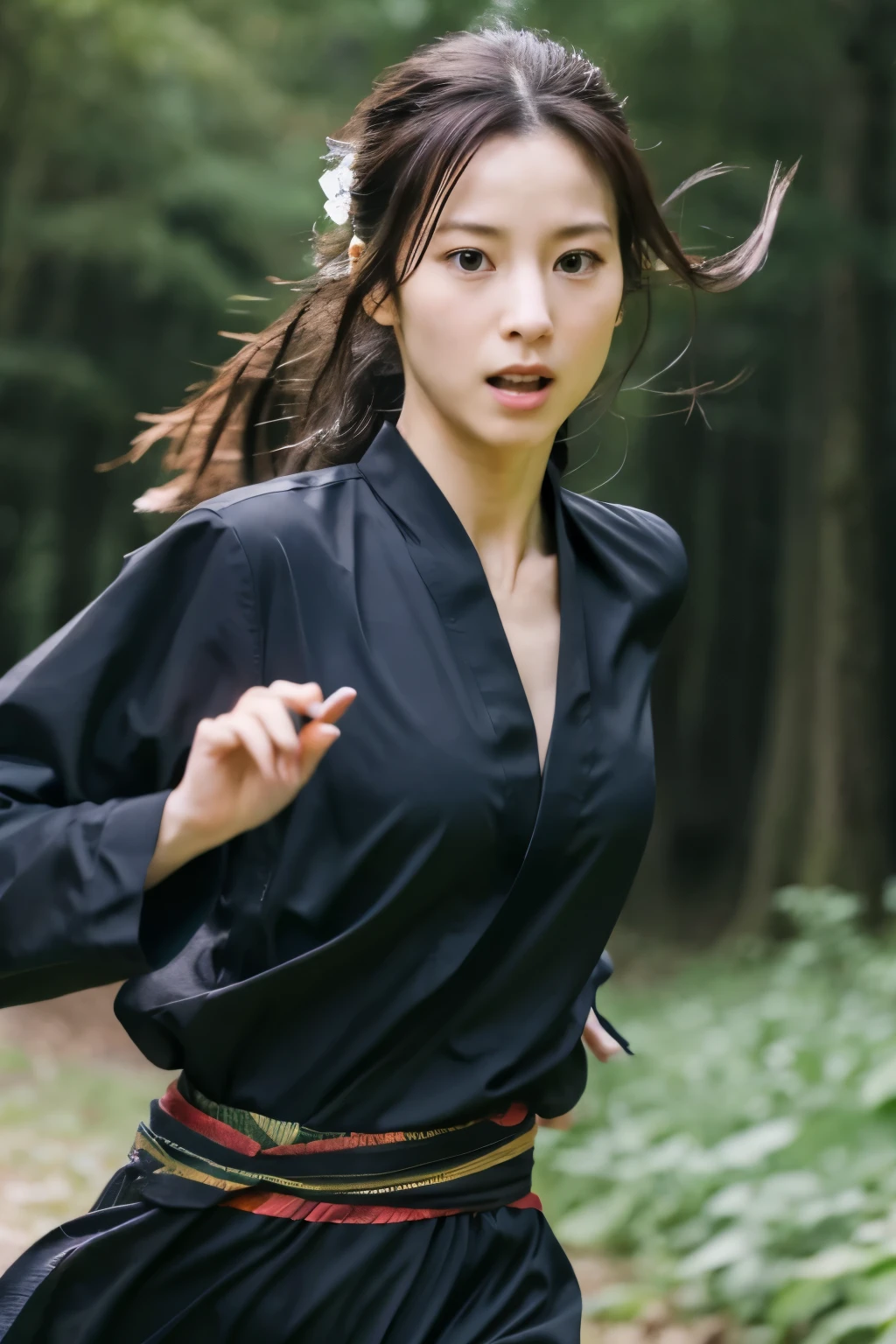 skinny Japanese woman in black Ninja kimono costume running to escape in the dark forest, beautiful face, ((detailed face, detailed eyes)), high quality, high resolution, hyperrealistic photo, a photo capturing a fighting moment, award-winning, masterpiece