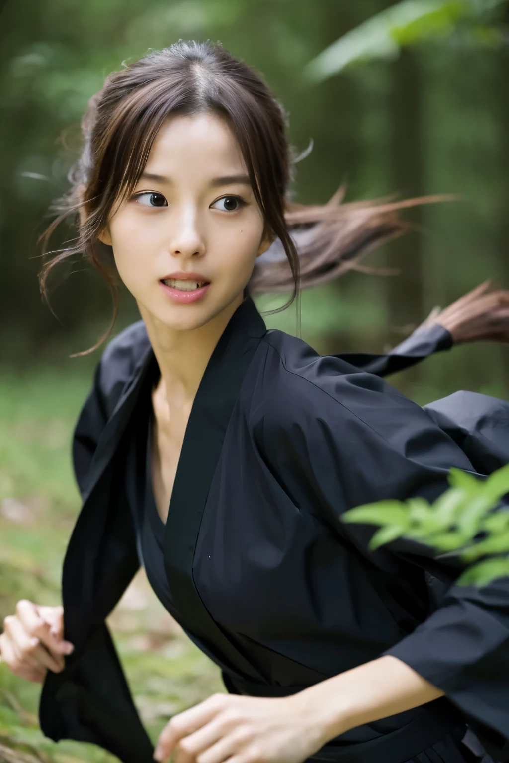 skinny Japanese woman in black Ninja kimono costume running to escape in the dark forest, beautiful face, ((detailed face, detailed eyes)), high quality, high resolution, hyperrealistic photo, a photo capturing a fighting moment, award-winning, masterpiece