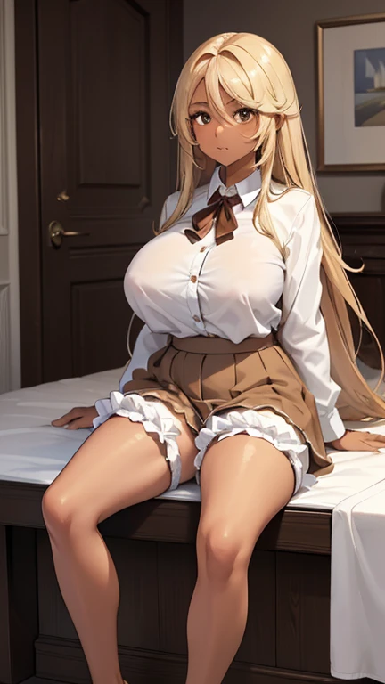 (masterpiece、highest quality、Super detailed)、1 adult lady、blonde long hair、Glowing Skin、((brown skin:1.5))、huge breasts、((white collared shirt))、((Bloomers))、barefoot、whole body、very thick leg、sit