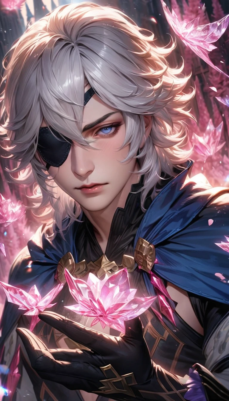absurdres, highres, ultra detailed, HDR, masterpiece, extremely detailed face and eyes, realistic face, Niles, white hair, expressive dark blue eyes, Fire Emblem Fates, black eye patch on his left eye, solo, man, handsome, blue cape, black clothes, black gloves, pink ice trees, pink ice butterflies, pink ice flowers, pink ice fantasy