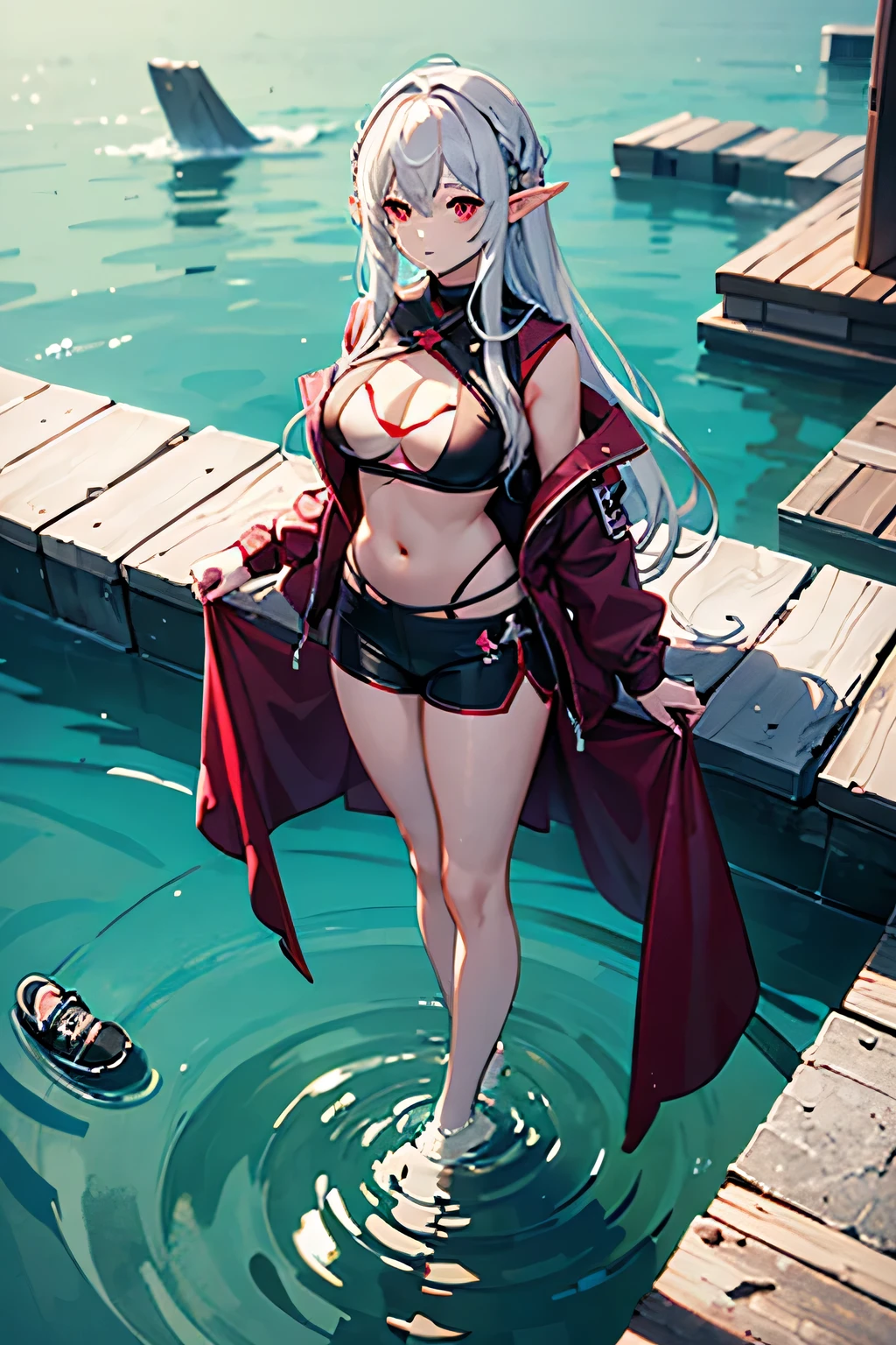 view straight standing in full height soaring 15 centimeters above the water mystical blood mage young beautiful little elf vampire long ash hair red eyes serious expression dark open top on the chest sports shorts without shoes cutout on the chest open breasts size 2