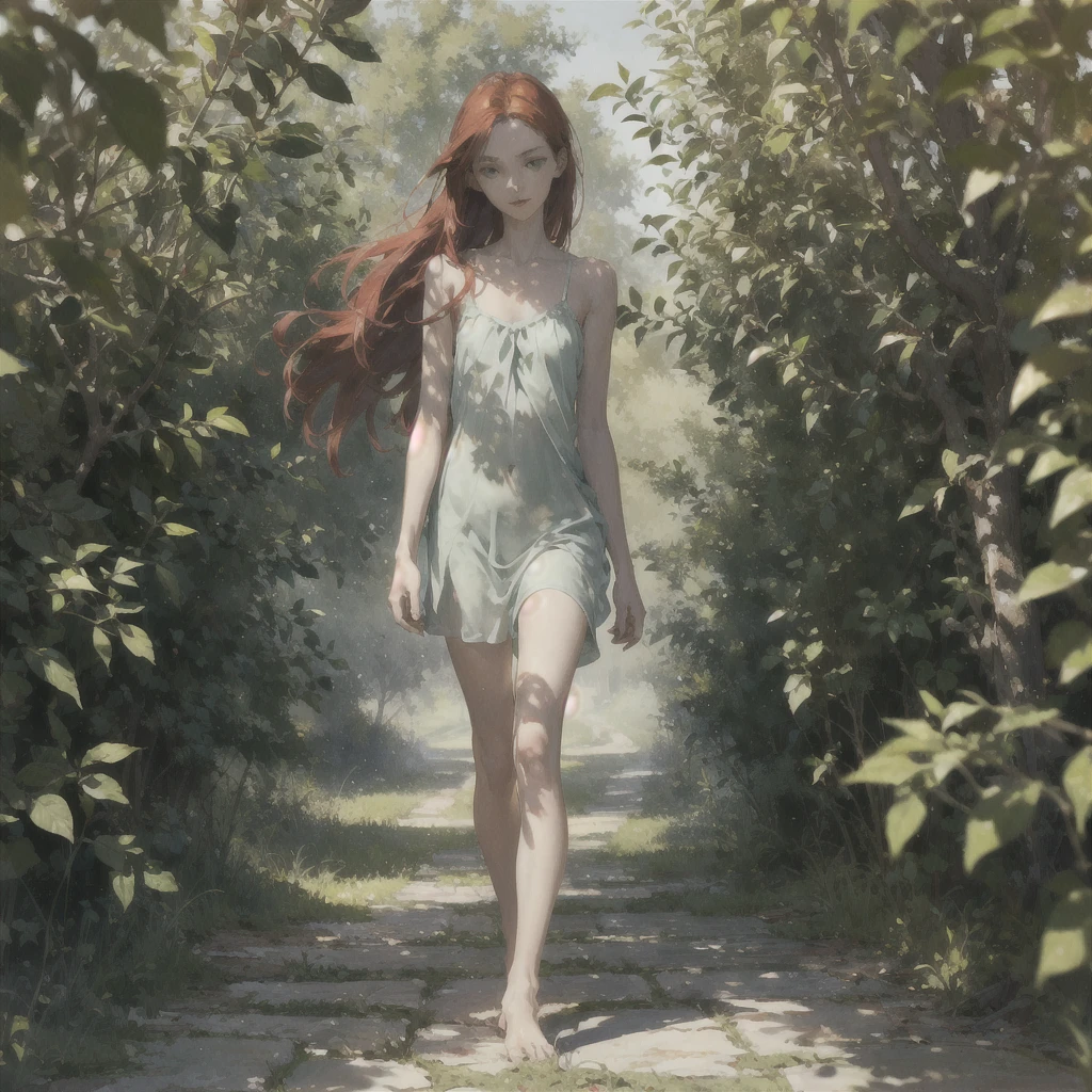 Beautiful slender thin exquisite (nude) girl  with a perfect face of the southern type with red hair with delicate beautiful expressive breasts with tender nipples barefoot with bare hips ((with red pubic hairs)) (((in a green light summer short sundress on a naked body))) (we are panties) walks along a brick road in the middle of a flowering field, in a gentle watercolor style, Discreet shades, sfumato, haze, diffused dim light, delicate mint shades, imitation of film photography, (olive and grape groves, Brick Road), (High image quality, Maximum detail)