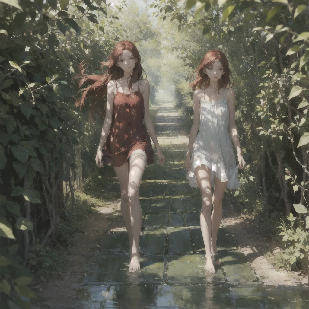 alone in the universe, Paint in watercolor style, Photorealism, discreet golden and ruby and mint shades, (nude) gentle modest thin girl 16 years old (with a very beautiful, exquisite southern type face) with tender nipples walking barefoot in the distance (around the southern town) early morning (along the houses)