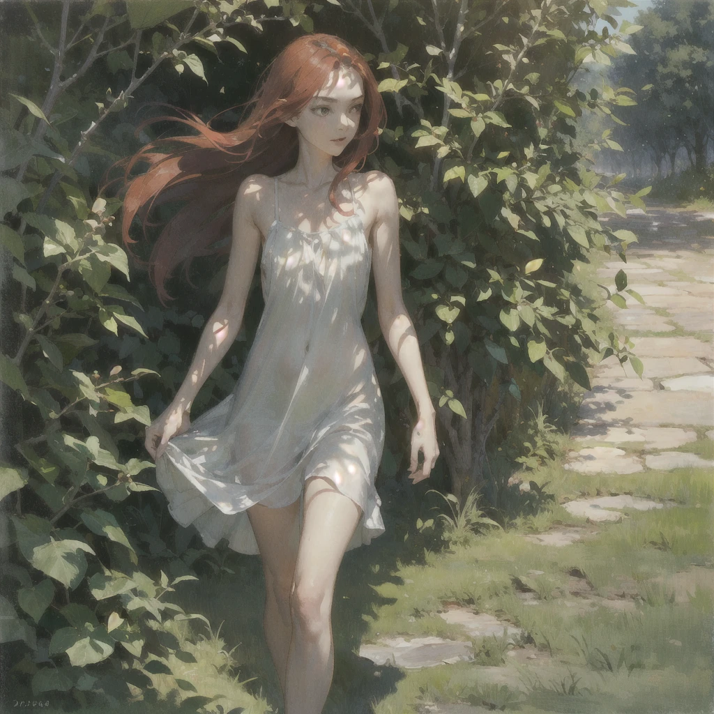 Beautiful slender thin exquisite (nude) girl 16 years old with a perfect face of the southern type with red hair with delicate beautiful expressive breasts with tender nipples barefoot with bare hips ((with red pubic hairs)) (((in a green light summer short sundress on a naked body))) (we are panties) walks along a brick road in the middle of a flowering field, in a gentle watercolor style, Discreet shades, sfumato, haze, diffused dim light, delicate mint shades, imitation of film photography, (olive and grape groves, Brick Road), (High image quality, Maximum detail)