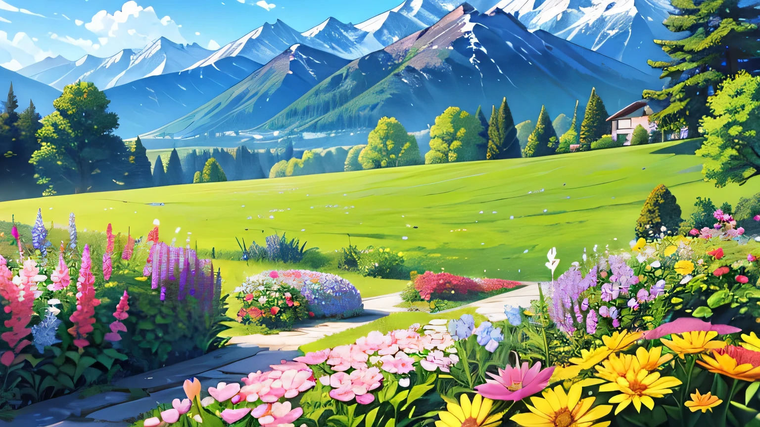 View from lying on the ground，garden，With small flowers as the foreground，There are mountains