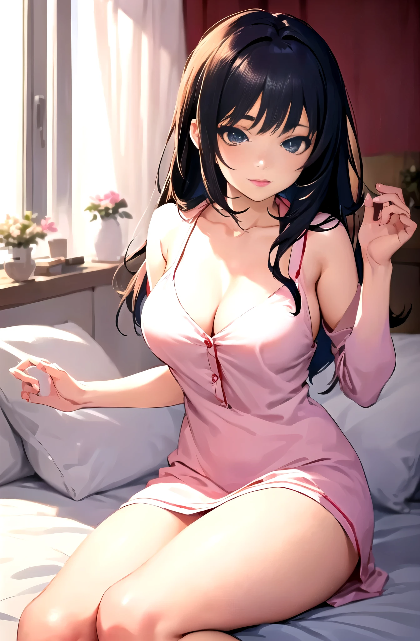 anime - imagem estilo de uma mulher com um vestido rosa sentada em uma cama, seductive anime, attractive Menina, linda mulher de anime sedutora, linda sedutora anime adolescente, beautiful Menina animea mulher de anime, arte cg de anime suave, Ilya Kuvshinov com cabelo comprido, pretty anime, cute anime, anime, melhor garota de anime, peitos grandes, decote, bunda grande