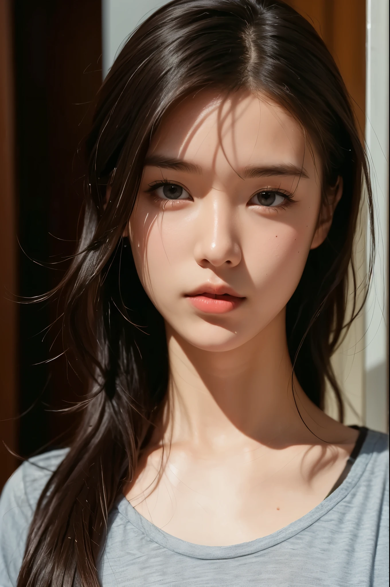 1girl in, Idol, close-up, clavicle,  ,, Photo, movie, depth of fields, Skin Texture, T-shirt, rubber band, topknot, Long hair, hair messy, hitornfreckles,Black theme、