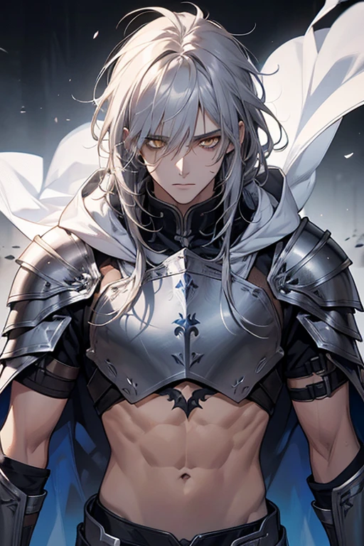 male, messy silver medium length hair with bangs, yellow eyes, adult face, adult, white hood and shroud, bare stomach, breast plate armor, thin lean and handsome, fantasy, sorcerer