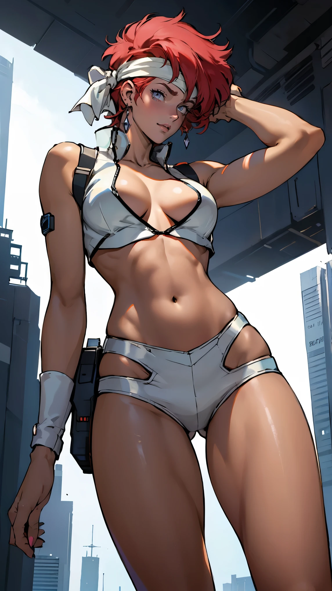 ((Masterpiece, highest quality; 1.3)), super quality, beautiful detail, super detailed, extra fine, 16K, exquisite, absurd, high resolution, beautiful background, detailed background, beautiful eyes, beautiful skin, anime style, Kay from Dirty Pair in a white outfit, tight outfit, cleavage, bushy redhead beauty, very light blue uniform, wearing tight clothes, skimpy, (mid chest: 1.2), cleavage, cleavage, , slim waist, slim thighs, thigh gap, showing stomach, slender waist, slender thighs, skinny, thin hips, cyberpunk city background, retro space gun holding, headband, 