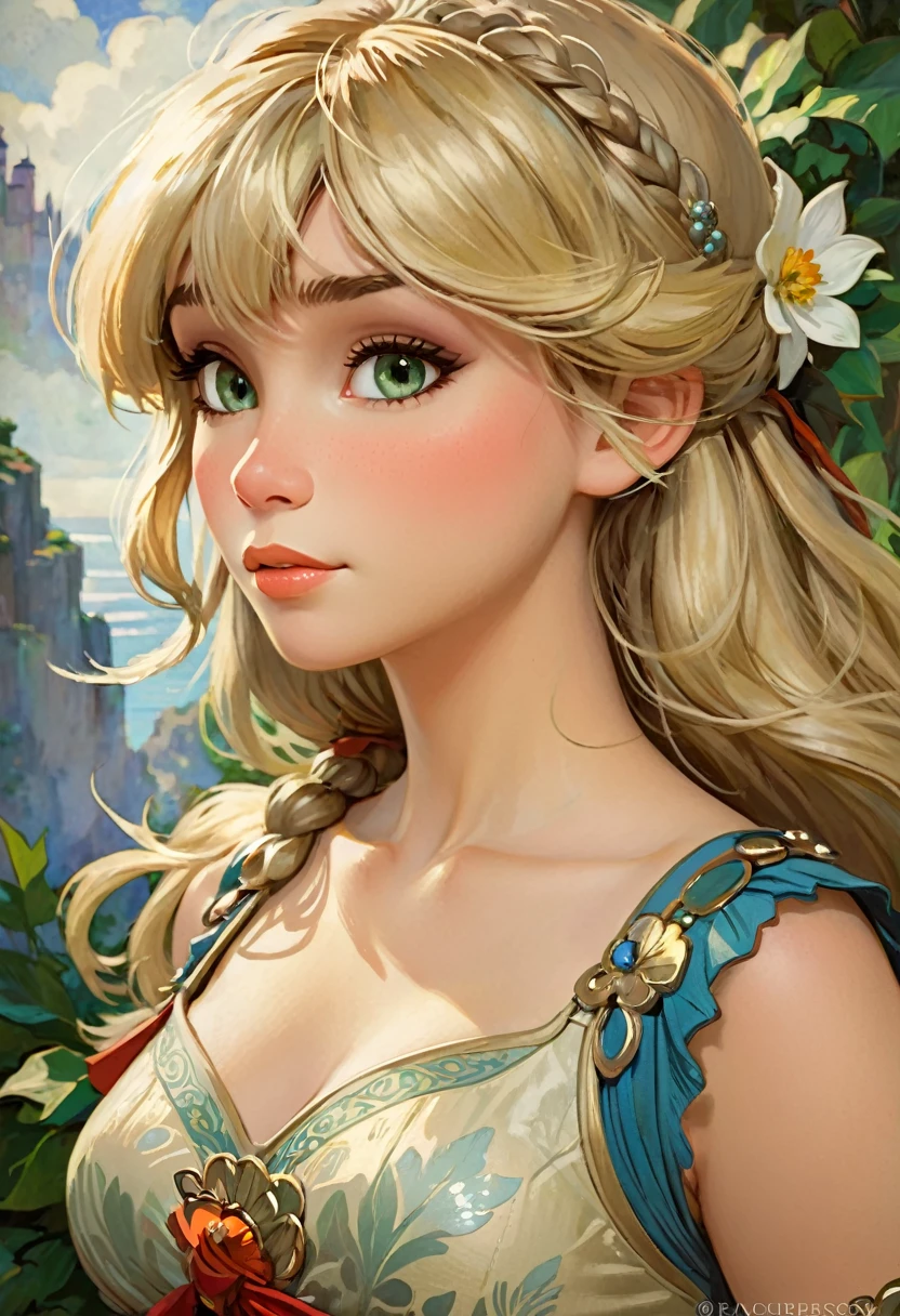 Astrid Hofferson From How To Train Your Dragon. Resembling The Beauty Of Alphonse Mucha's Artwork And Impressionist Paintings By Artists Like Konstantin Razumov And Pierre-Auguste Renoir. The Portrait Is Detailed And Textured, Reminiscent Of Claude Monet's Style.