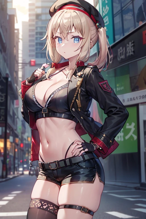 ubel,dark green hair,long hair,side ponytail,hair between eyes,bangs, BREAK (beret, black jacket, open clothes, cleavage, midriff, black shorts, black thighhighs, thigh strap, fingerless gloves, single glove:1.2) BREAK blurry background, BREAK pose, hand on hip, BREAK (masterpiece:1.2), best quality, high resolution, unity 8k wallpaper, (illustration:0.8), (beautiful detailed eyes:1.6), extremely detailed face, perfect lighting, extremely detailed CG, (perfect hands, perfect anatomy),

