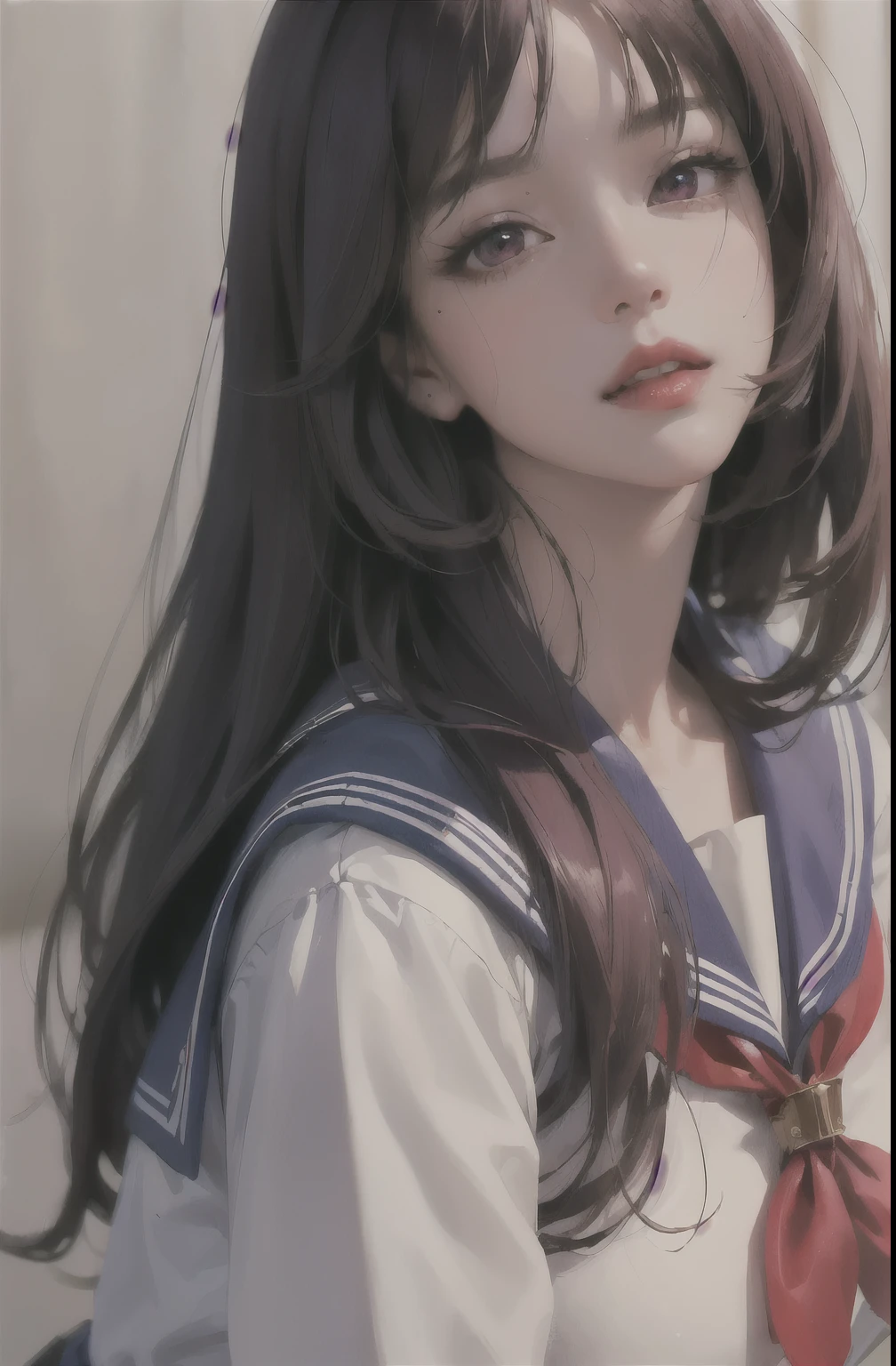 One girl, (masterpiece:1.4),(highest quality:1.4), (live-action, Intricate details), High resolution, photograph, (Highly detailed face, Realistic Skin, Realistic body), Sailor Mars, (Shiny skin), Red lips, (Big Breasts), (Upper Body), Dark purple hair, Long Hair, , Knee socks, High heels