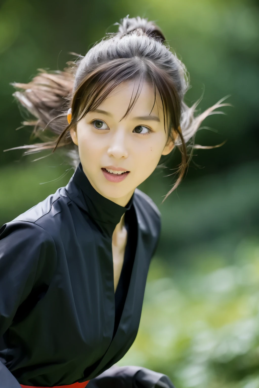 skinny Japanese woman in black Ninja kimono costume running to escape in the dark forest, beautiful face, ((detailed face, detailed eyes)), high quality, high resolution, hyperrealistic photo, a photo capturing a fighting moment, award-winning, masterpiece