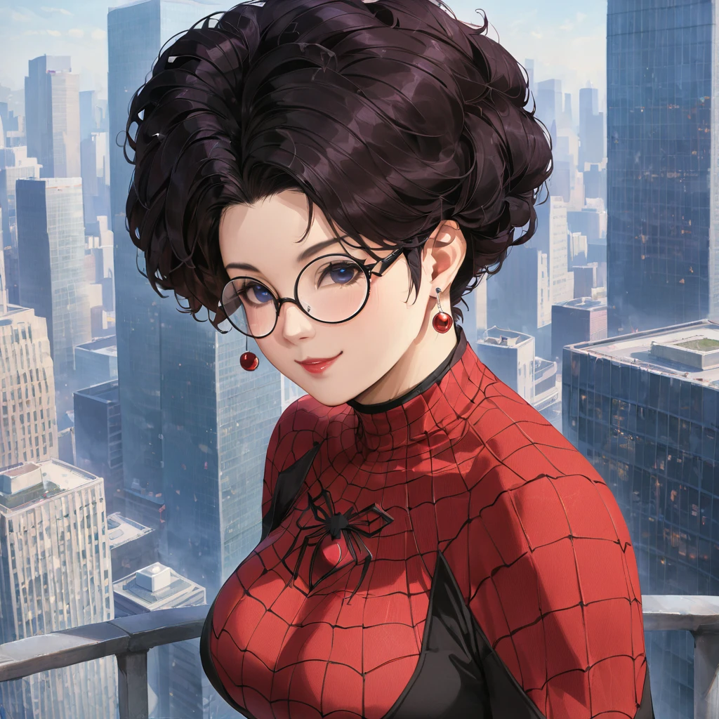 Spider Suit, spiderweb print, spiderweb, Spiderman, masterpiece, Absurd, Fine details, High resolution, ((Highly detailed face and eyes)), Realistic,, Focus on the eyes,, Stand on the roof of a skyscraper, ((Masks available)), Looking at the audience, smile, Black Hair, Shonen Focus, Big Hair, Curly Hair, Round Glasses, Earrings, , New York Buildings Background,