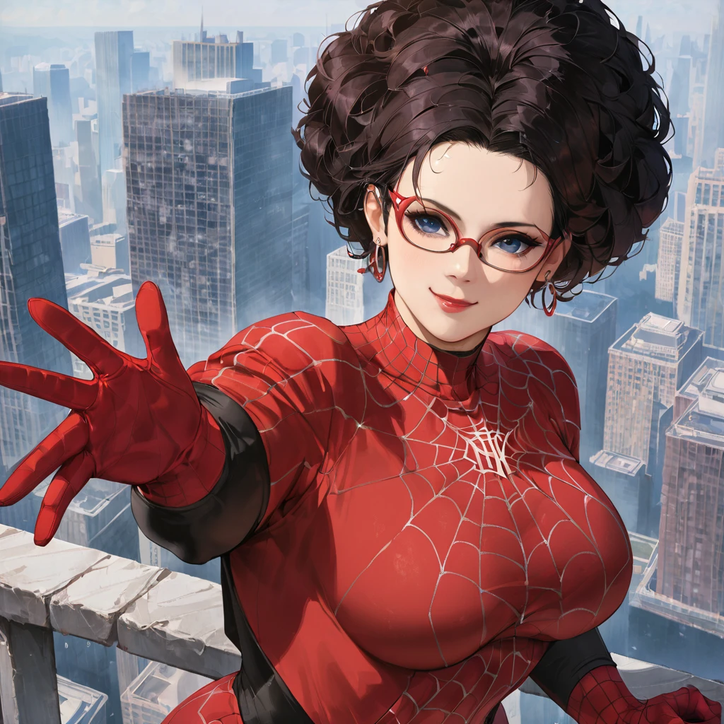 Spider Suit, spiderweb print, spiderweb, Spiderman, masterpiece, Absurd, Fine details, High resolution, ((Highly detailed face and eyes)), Realistic,, Focus on the eyes,, Stand on the roof of a skyscraper, ((Masks available)), Looking at the audience, smile, Black Hair, Shonen Focus, Big Hair, Curly Hair, Round Glasses, Earrings, , New York Buildings Background,