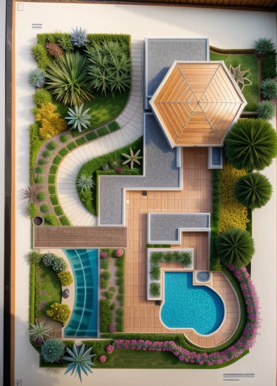 a drawing of a garden with a pond and a house, with a fishpond and courtyard, colorful architectural drawing, architectural illustration, complex and detailed, very detailed design, aerial illustration, detailed digital illustration, 2 d axonometric overhead view, high detail illustration, aerial perspective, residential design, really detailed, detailed design, impossibly detailed, insanly detailed