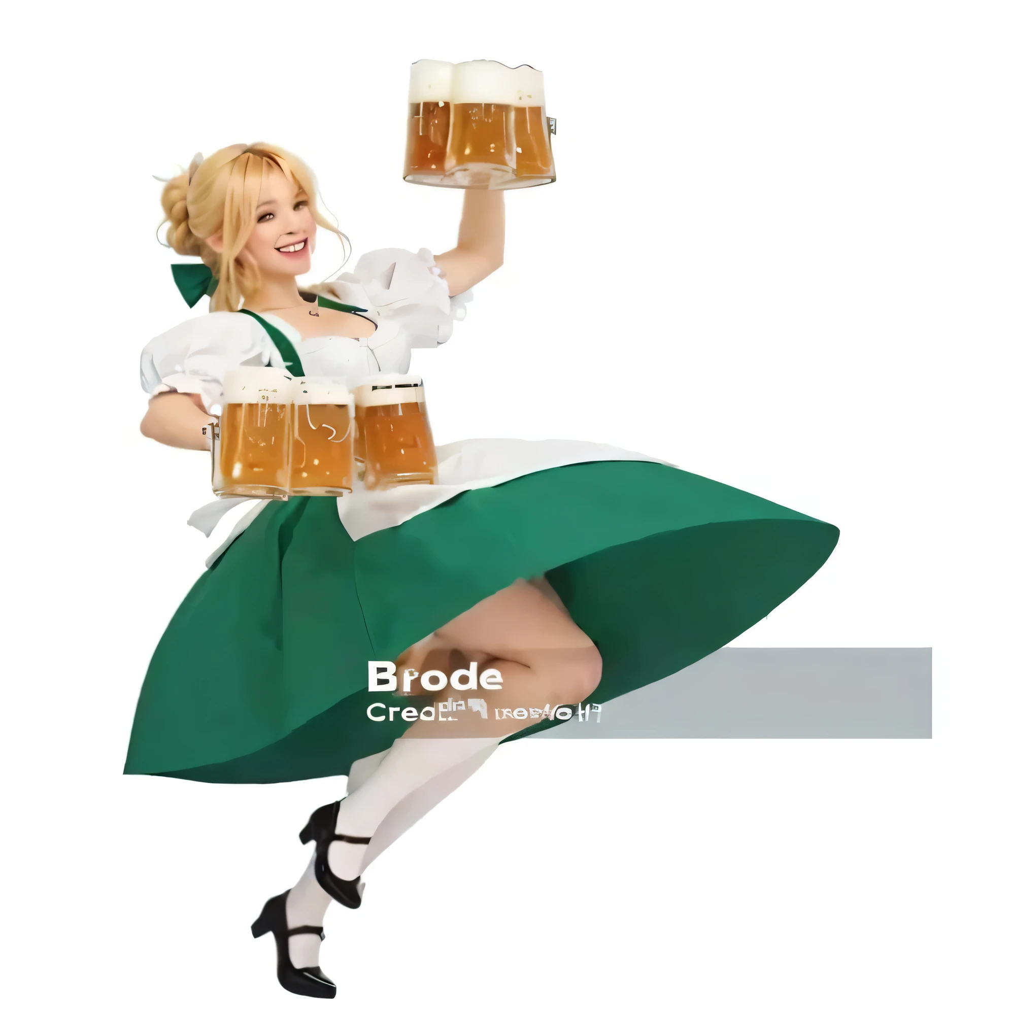 Oktoberfest girl in drindle, dancing, holding 8 pints of beer, blonde hair, smiling, bow in hair.