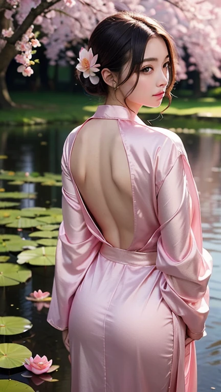 beautiful young woman standing in the pink lotus pond in luxury gold satin robe. Light shines back from behind. anime color style ,natural light, In the background there is a cherry tree.