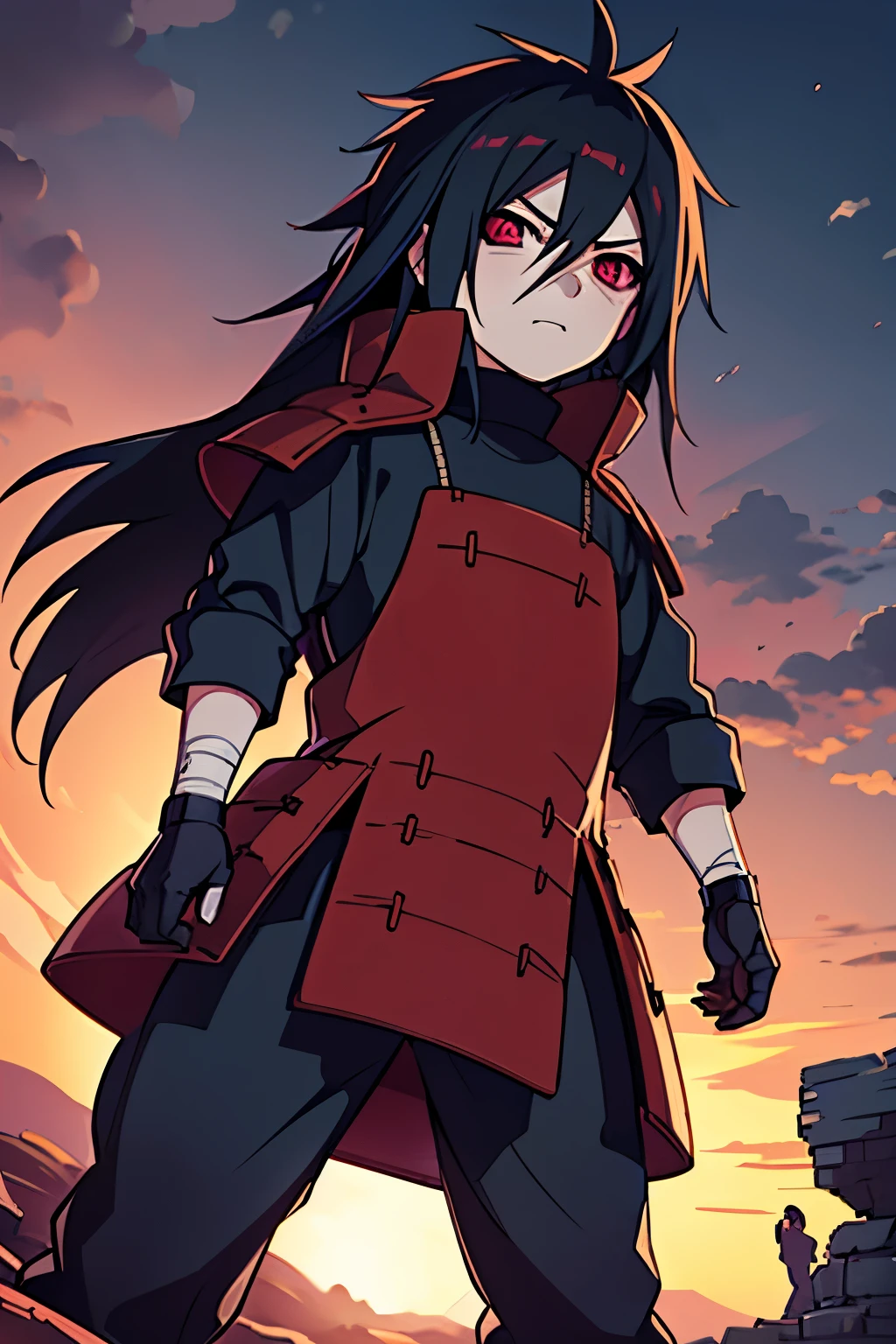 1 GIRL, GIRL Madara Uchiha, stands in the center of a desolate and gloomy landscape. The earth is parched and cracked, no visible vegetation, and the sky is darkened by ominous clouds. Madara is looking directly at the camera with an expression of fury and disdain on his face.. Sus ojos Sharingan brillan con intensidad, resaltando su ira. Su postura es imponente y dominante, with clenched fists and tense muscles. El viento sopla a su alrededor, waving his clothes and adding drama to the scene. En el fondo, ruinas y escombros se extienden, showing the devastation his fury has caused. Esta imagen captura la esencia de Madara Uchiha como un poderoso y temible guerrero, ready to face any challenge with his burning anger.