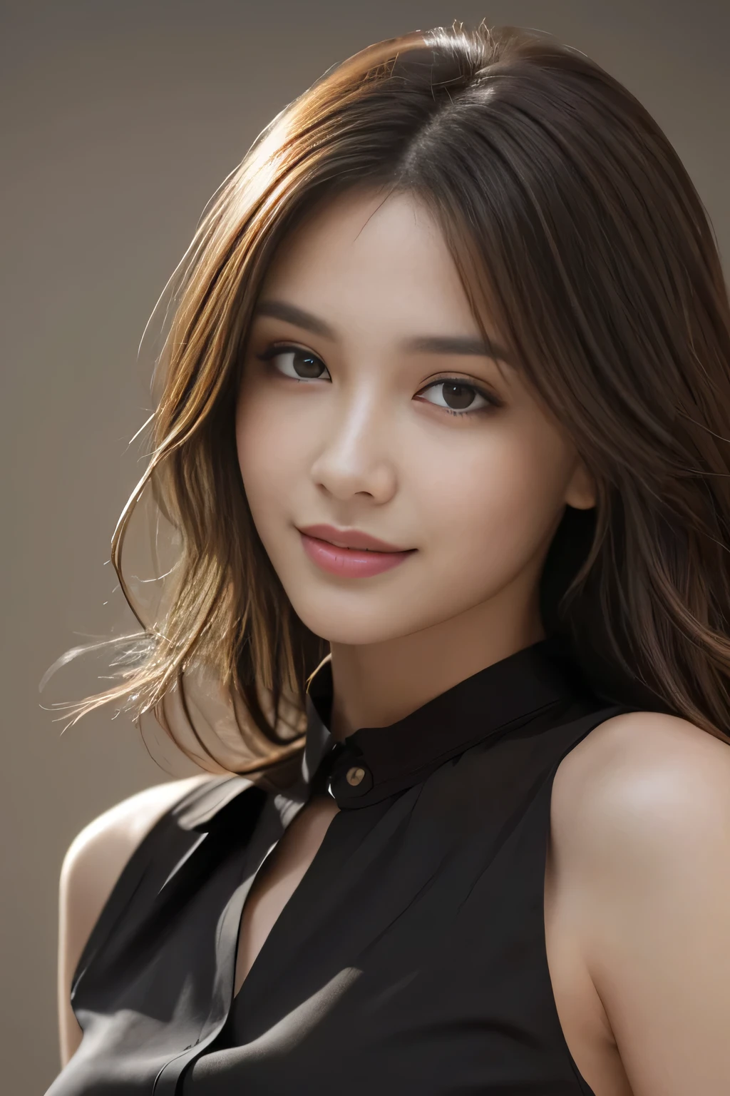 Tabletop, highest quality, Realistic, Very detailed, finely, High resolution, 8k wallpaper, One beautiful woman,, Light brown messy hair, He is wearing a black see-through dress shirt with an open collar..., Sharp focus, Perfect dynamic composition, Beautiful and detailed, Thinning hair, Detailed Realistic skin texture, smile, Close-up portrait, Model Body Type