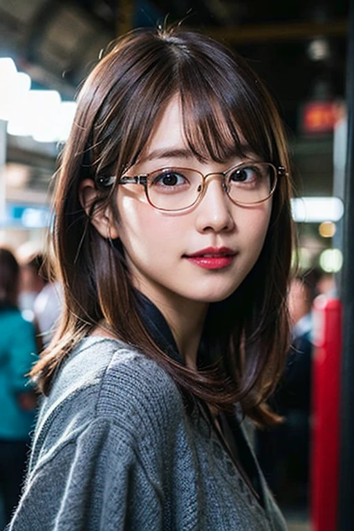 (8k、Raw photo、highest quality、masterpiece:1.2)、(Realistic、Photorealistic:1.37)、Ultra-detailed、超A high resolution、1 girl、Seeing the viewer、Beautifully detailed face、Laughter、narrow、(Narrow waist) :1.3)、shortcut、Beautifully detailed skin、Skin Texture、Floating Hair、Professional Lighting、Waiting for the train on the platform、Black square glasses 、Human whole body、Brown Hair