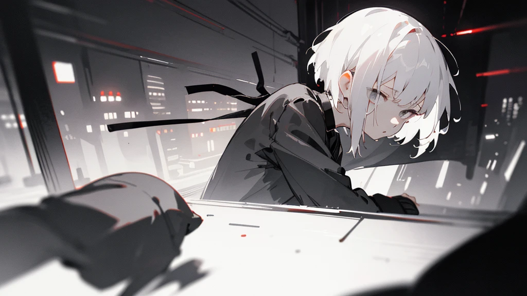 (masterpiece、highest quality)、Short nape hair、1 girl with very short white hair、Black cardigan、Grim expression、Grey Eyes、Warm lighting、 Blurred foreground、Deep in the night、High Contrast、night、In the city,it's snowing,Heavy snowfall,winter,Alone in the vast snowy field,whole body,curse,Facing forward,Huge construction,Perished world