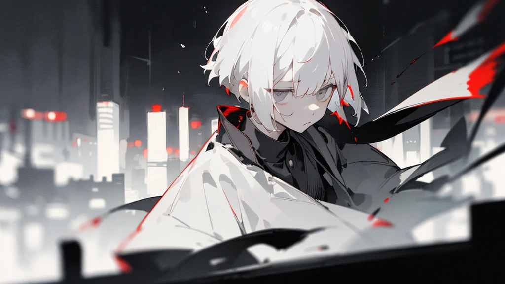 (masterpiece、highest quality)、Short nape hair、1 girl with very short white hair、Black cardigan、Grim expression、Grey Eyes、Warm lighting、 Blurred foreground、Deep in the night、High Contrast、night、In the city,it's snowing,Heavy snowfall,winter,Alone in the vast snowy field,whole body,curse,Facing forward,Huge construction,Perished world