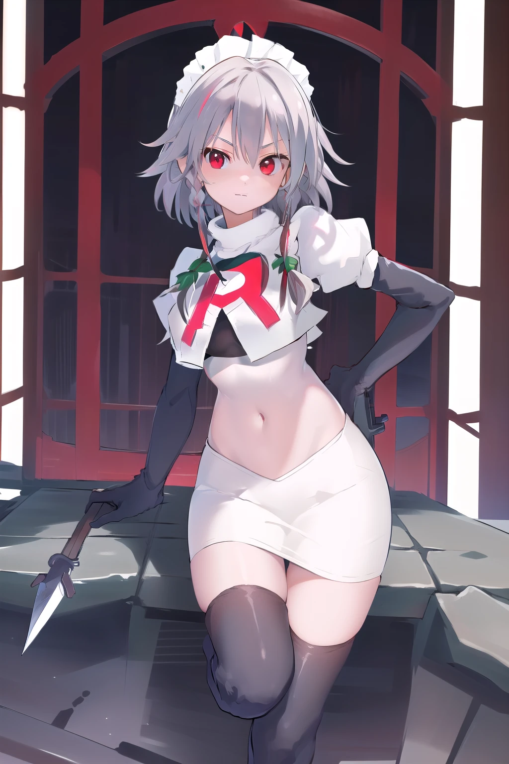 masterpiece, best quality, highres,  1girl, solo, sakuya1, izayoi sakuya, maid headdress, red eyes, grey hair, medium breasts, team rocket,team rocket uniform,white skirt,red letter R,crop top,black thigh-highs,black elbow gloves, holding knife