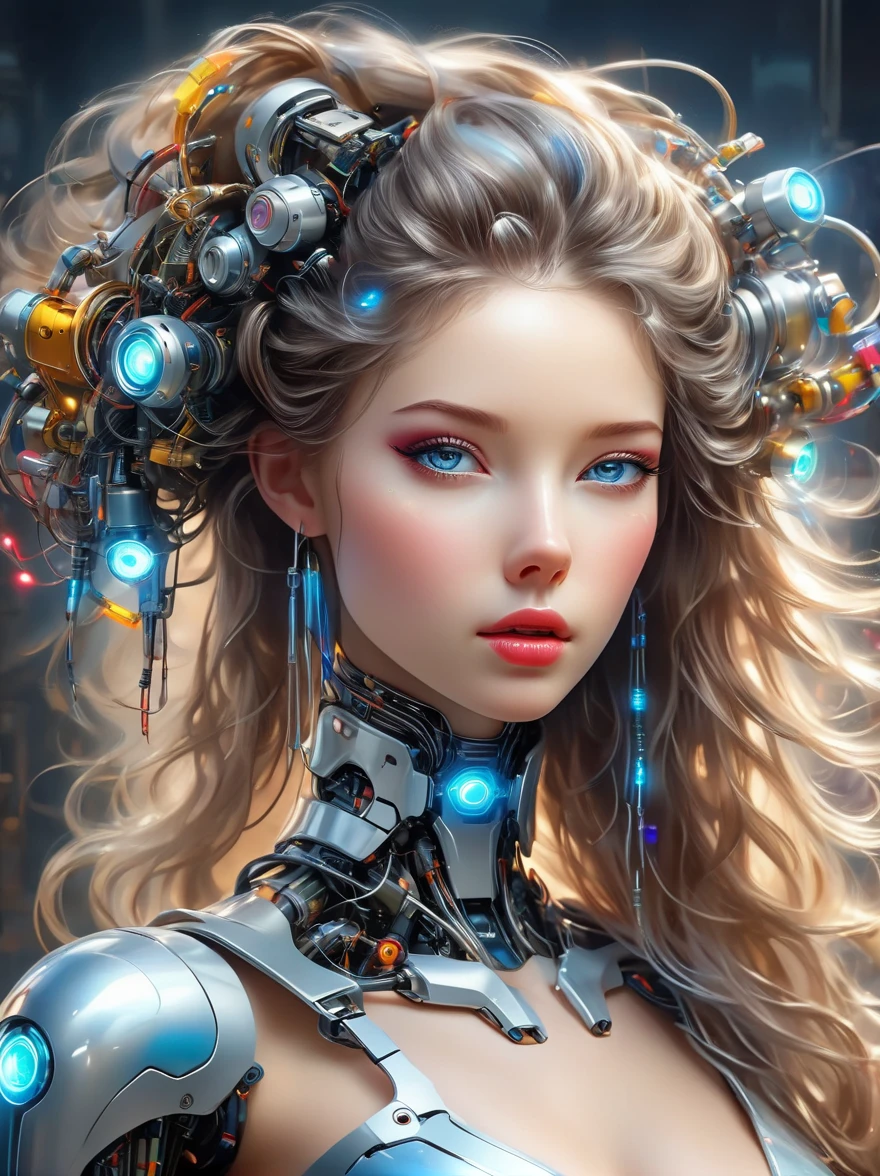 a image of a woman wearing colorful robot tech, in the style of free-flowing surrealism, shiny, glossy, precise and lifelike, hard surface modeling, precisionist lines, light silver and azure, engineering, construction and design, whole body, from head to foot, Metallic high heels, Laser light stockings, UHD, masterpiece, ccurate, anatomically correct, textured skin, award winning, best quality, 8k