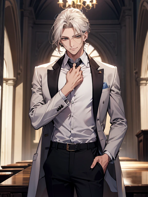 (obra de arte, high resolution, melhor qualidade, finamente detalhado), macho, smile expression facade, cabelo loiro platinado, cabelo curto, blazer branco, camisa branca, Gravata Azul, cardigan colete bronzeado, cinto, black pants, olhos azuis, estudante, super detalhe, preciso.