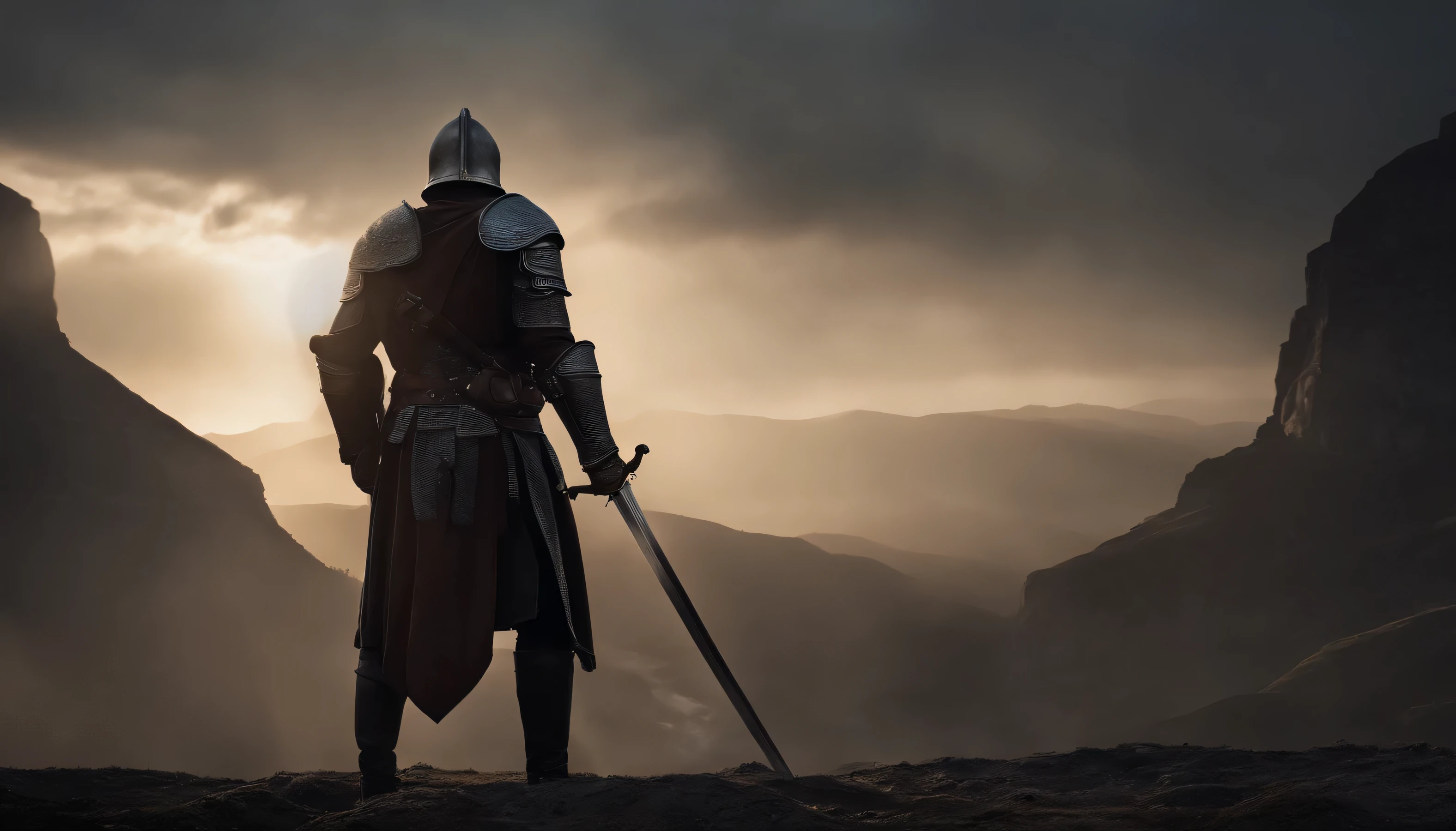 (8k Einheit Wallpaper CG extrem detailliert, Meisterwerk, best quality, Ultra-detailliert), (((Allein))), ((Weitwinkelaufnahme:1.5)), (a paladin with a legendary sword), (Themen-Hintergrund), mittelalterlich, great scene, dunkle unheimliche Umgebung, (Dunkle Seelen 3, Illustrator, (beste Illustration)