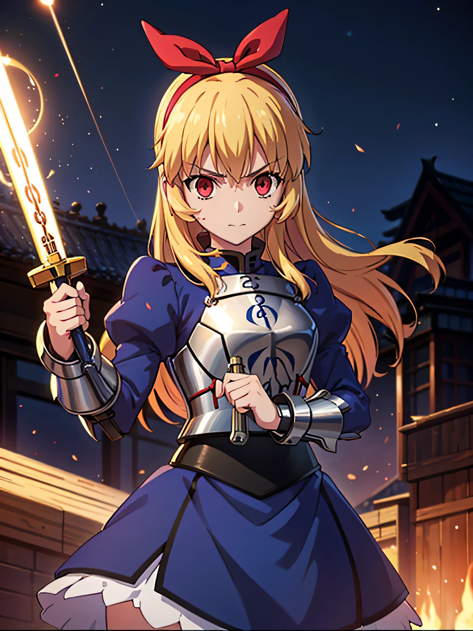 (red ribbon on hairband:1.2),(8K, best quality, muste piece:1.2)、ultra high resolution,1 very cute girl,hosimiya ichigo,ultra-detailed face, detailed eyes,RED eyes,masterpiece, best quality,1girl, , Full body shot, weapon, chain, very long hair, looking at viewer,(kbxll:0.5), Japanese Shrines, fantasy, bodysuit,city, energy ball, razer, lightning bolt, skirt, zettai ryouiki, Petrifying Demon Eye, dust-effect,Grain effect,Neon-light-effect, moon,tentacles,
artoria pendragon \(fate\), armor, dress, suit, excalibur \(fate/stay night\),
fighting stance, dinamic angle, sparks,shirt lift,battle,A grand city in the year 2100, wide shot, hyper realistic, Nausicaa Ghibl,