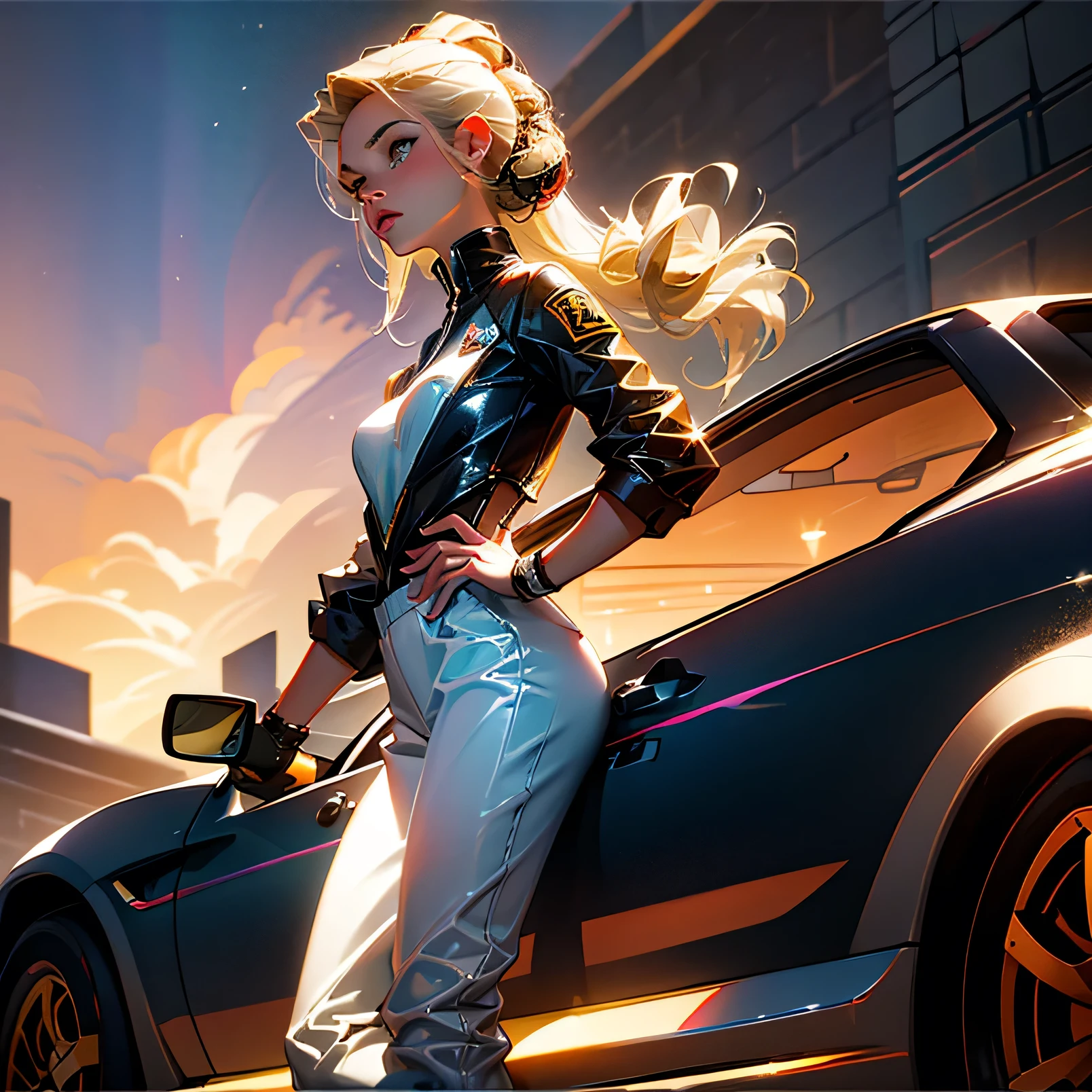 Racer vehicle, (closeup:1.2), gold velg:1.5, turbo high speed:1.6, expensive price:1.3, strong:1.4, full attachment:1.5, ladies driver:1.3, detailed design:1.4, sleek body:1.3, metallic texture:1.2, dynamic pose:1.4, atmospheric lighting:1.2, sunset background:1.2,reflective surface:1.3, exhaust fumes:1.2, shiny chassis:1.4, racing stripes:1.3, stylish logo:1.2, powerful engine:1.2