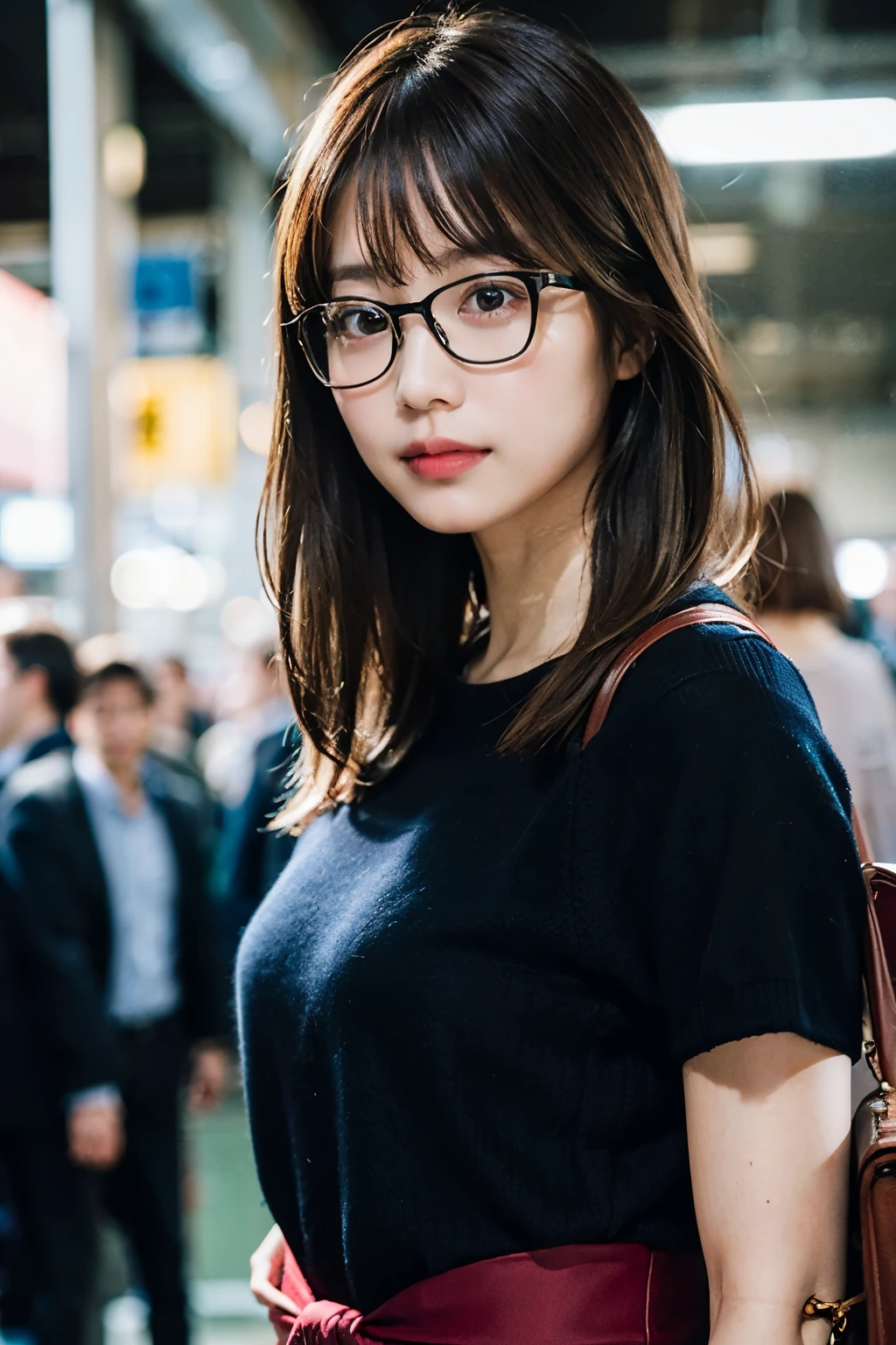 (8k、Raw photo、highest quality、masterpiece:1.2)、(Realistic、Photorealistic:1.37)、Ultra-detailed、超A high resolution、1 girl、Seeing the viewer、Beautifully detailed face、Laughter、narrow、(Narrow waist) :1.3)、shortcut、Beautifully detailed skin、Skin Texture、Floating Hair、Professional Lighting、Waiting for the train on the platform、Black square glasses 、Human whole body、Brown Hair