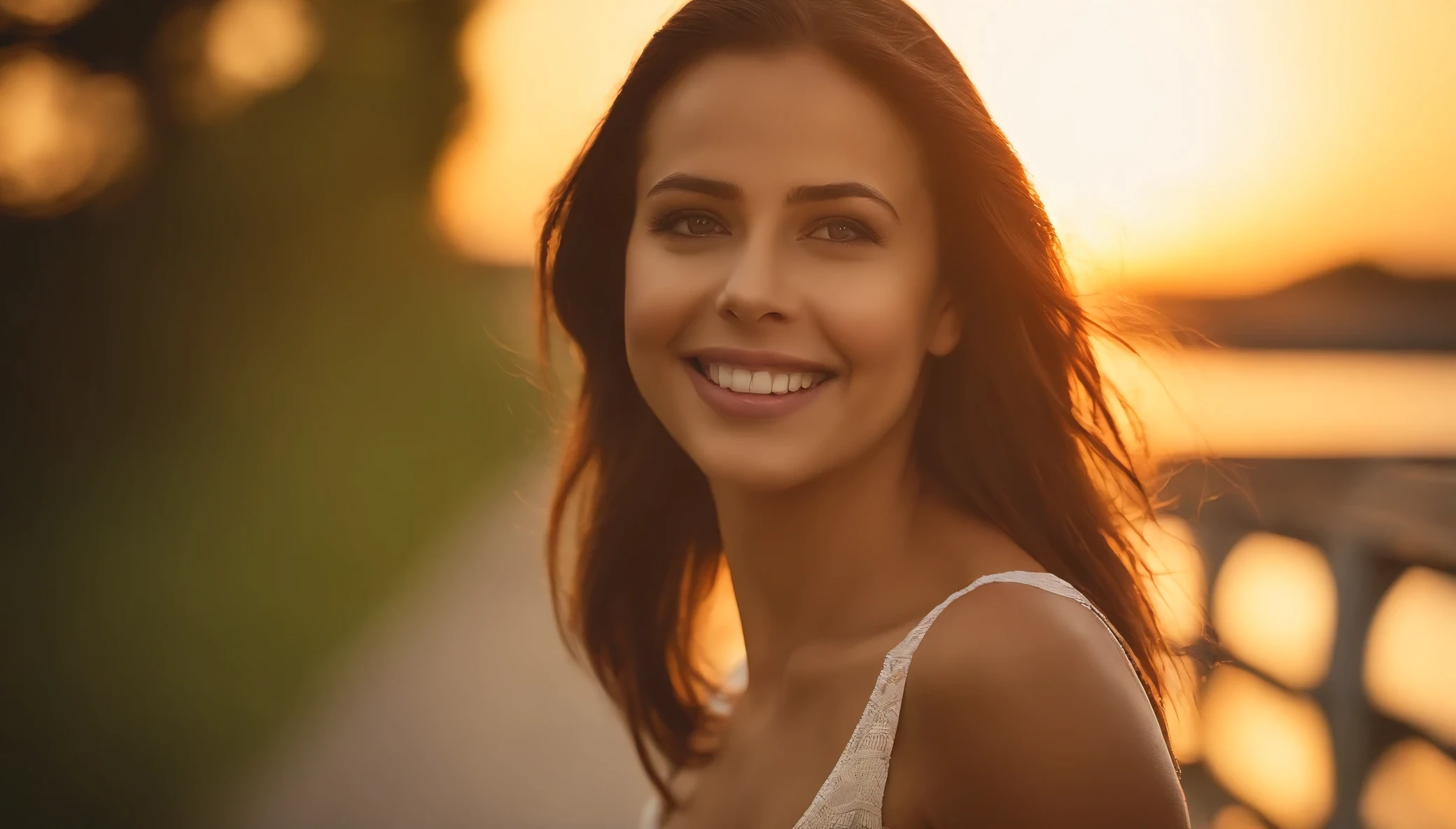 1 girl, Fotomodell, smile, Fokus auf Betrachter, beautiful lighting, best quality, Meisterwerk, ultra highres, Fotorealistisch, schwarzes Haar, kurzes Tanktop, kurze Hosen, langer Strumpf, medium breasts, White skin,( Sonnenuntergang Hintergrund:1.4)
