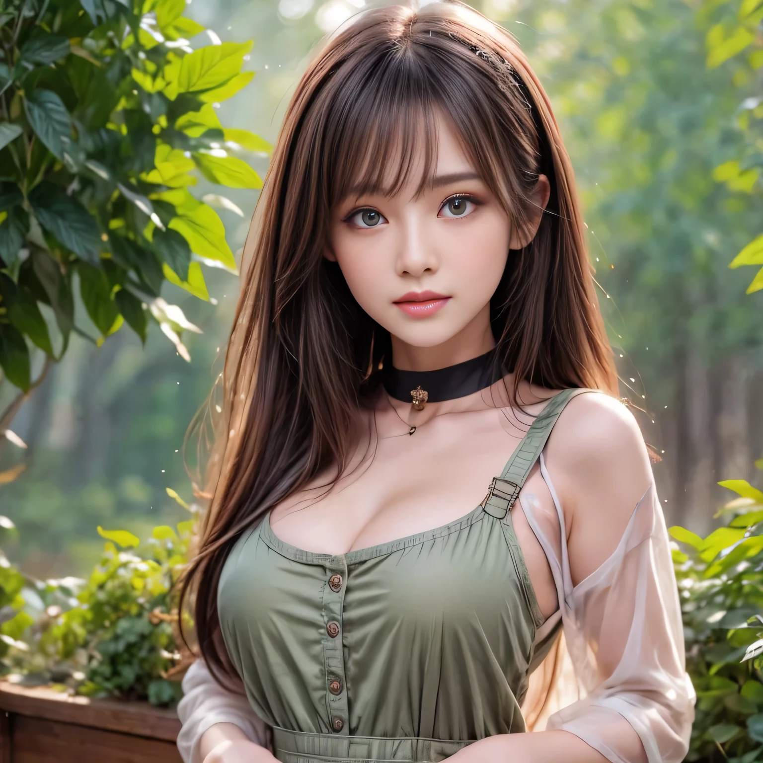 Very beautiful woman, Highly detailed eyes, Highly detailed face, Highly detailed lips, Super detailed everything, Attractive woman, Black Choker, blue eyes, Very long eyelashes, bangs, Big Breasts, highest quality, masterpiece, ((Slim face)), Japanese actress, ((High nose)), ((Mountain Girl)), Happy atmosphere, , ((forest, Dense forest)), mini skirt, ((Work clothes))，Herb clusters