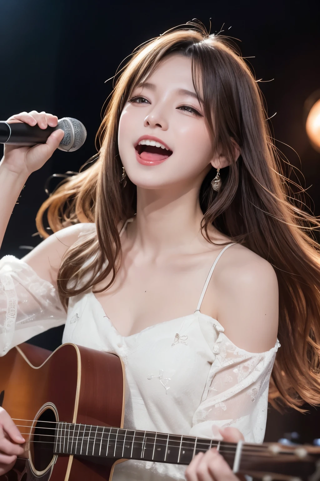 (RAW Shot: 1.5, Photorealistic: 1.5, 8k, Top Quality, Masterpiece, Ultra High Resolution), , Detailed Skin and Face Texture: 1.3, A girl in a dreamlike state, playing the guitar with passion. She has long, vibrant hair cascading down her shoulders, dressed in ethereal white. She's the heart and soul of a rock band, belting out a song with fervor. Musical notes swirl around her, creating a magical atmosphere. This is a high-quality illustration, capturing a beautifully vivid and colorful moment.