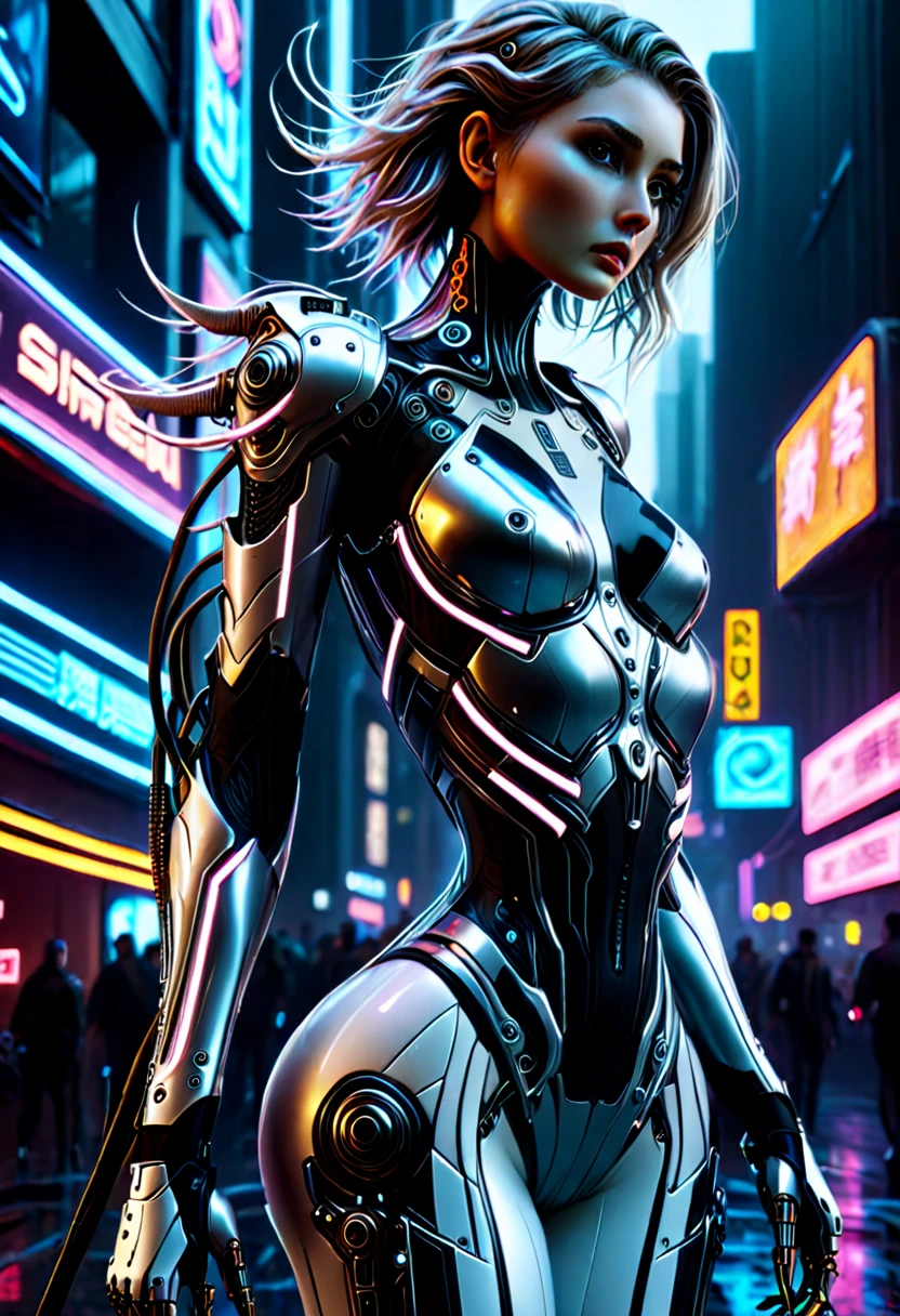 High Detail RAW color Photo,hyperrealistic,digital painting,wide shot,Full Shot,(lens flare:0.5), (bloom:0.5), portrait,(highly detailed, fine details, intricate), incredibly absurdres,(luxurious cyberpunk:1.4,Dystopian,sci-fi), concept art,ornate, from side,looking to the side,
1girl,Lucy \(cyberpunk\),European_Girls,(cute female arterial intelligence,robot, cyborg:1.5),(robotic parts,augmentations,mechanical arms, mechanical legs,silver halmet), (cybernetic implants:1.4,microchip,metal,electric wires,cable,silicone),grey eyes,asymmetrical hair, standing,(holding_weapon,battle_rifle,handgun),belt,(wearing shiny tight soft light suit,see-through white chemise), open jacket,detached sleeves,hip vent,metallic bone exposed,toned physique,slender,medium breasts exposure,breasts out,large ass, (pale skin),(detailed skin, diffused skin pores),HQ, angelic, decorations, embellishments,hard edge,
breathtaking,outdoors, ((in surreal planet Raphael Lacoste)),night, (electricity, bright neon colors,sprawling cyberpunk city skyline), turbulent storm, rain,smog,tendrils, spirals, dust,(((flying ships))), (badlands, observitory), neon colored armor,