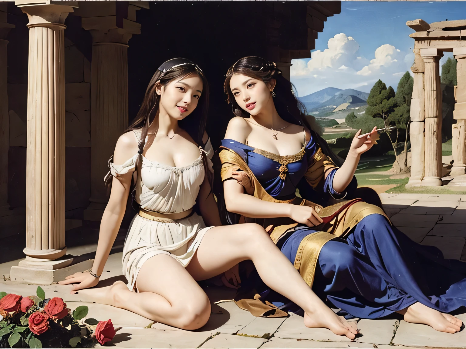 full body portrait or statue、Giorgione painting style,Arguments of two female Philosophe,math、astronomical machine、astronaut、roses in vase、fruits、Cute trinkets、smile、ancient greek costume、Ancient Roman landscape in the style of Nicolas Poussin,laughter,,Sweet and seductive appearance.、Caravaggio's paintings、Chiaroscuro of Caravaggio、hair tousled by the wind,Two women frolicking,cute smile, expression of ecstasy,Sexy,erotic,