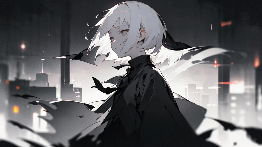 (masterpiece、highest quality)、Short nape hair、1 girl with very short white hair、Black cardigan、Grim expression、Grey Eyes、Warm lighting、 Blurred foreground、Deep in the night、High Contrast、night、In the city,it's snowing,Heavy snowfall,winter,Alone in the vast snowy field,whole body,curse,Facing forward,Huge construction,Perished world