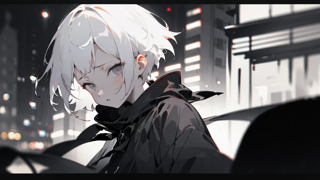 (masterpiece、highest quality)、Short nape hair、1 girl with very short white hair、Black cardigan、Grim expression、Grey Eyes、Warm lighting、 Blurred foreground、Deep in the night、High Contrast、night、In the city,it's snowing,Heavy snowfall,winter,Alone in the vast snowy field,whole body,curse,Facing forward,Huge construction,Perished world