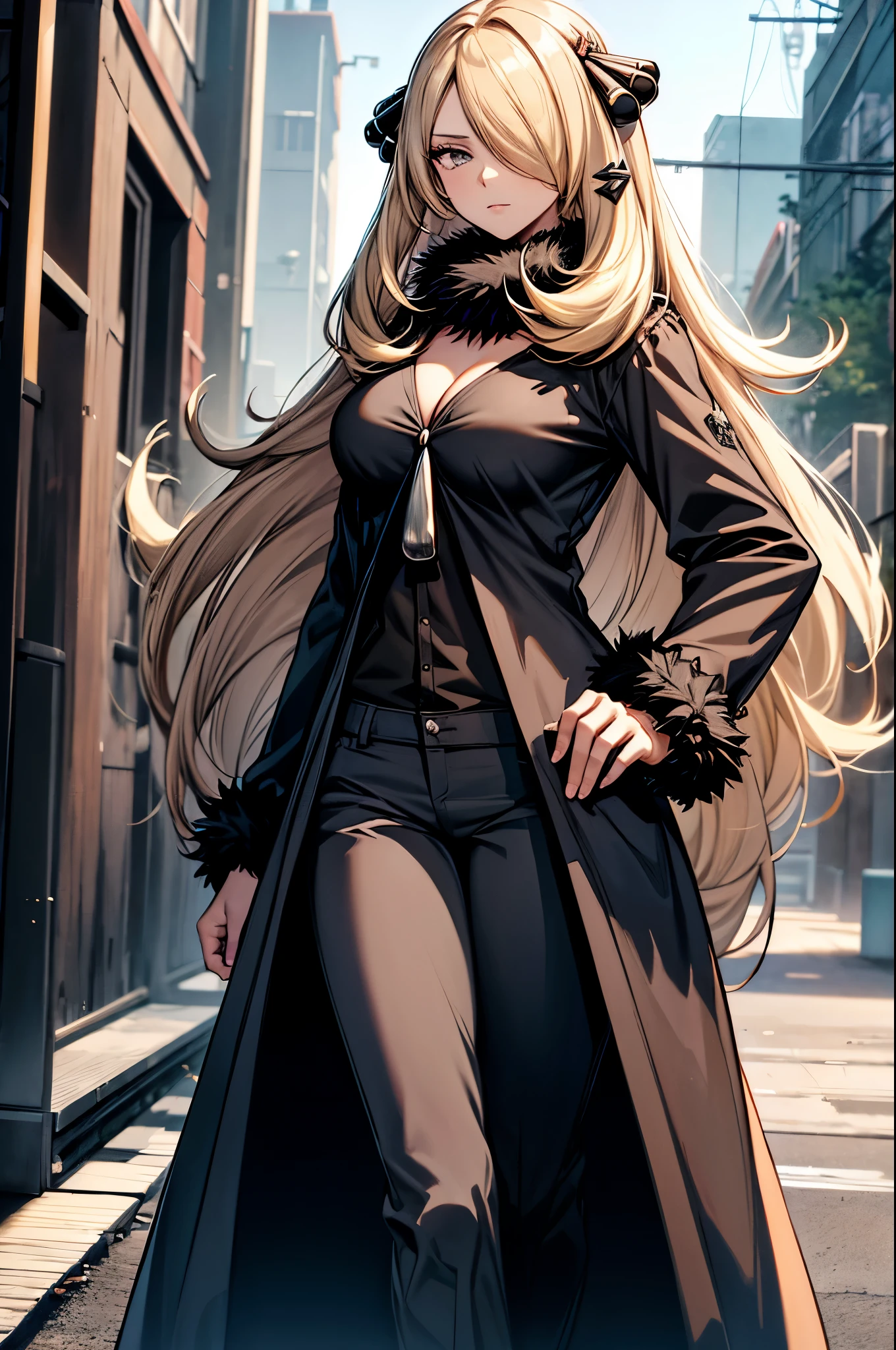 (masterpiece, best quality:1.2), expressive eyes, perfect face, highres, 1girl, solo,defCynthia, very long hair, hair over one eye, hair ornament, fur collar, cleavage, black gown, long sleeves,black pants, outdoors, hand on hip, standing, cowboy shot, looking at the viewer