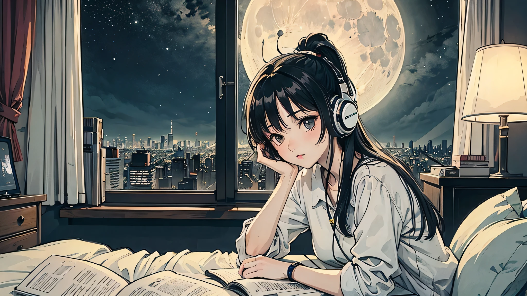 1 girl, 90s anime style, night, Studio Room, moon, Girl wearing headphones, late night room, Listening to music alone, City Pop, low quality, Lo-Fi, Chill, late night, Single room, Dark Room, futuristic night view outside the window, Dark Room