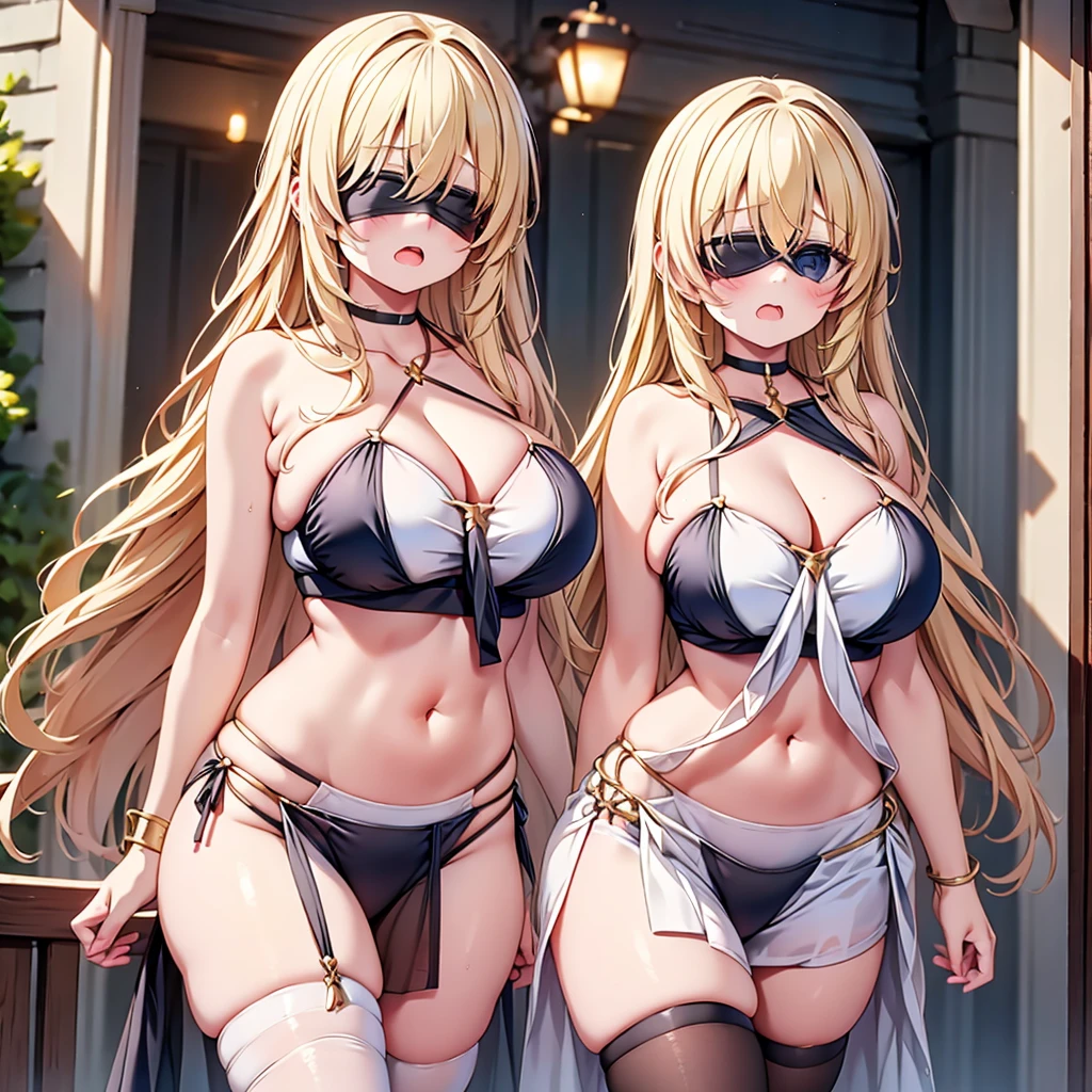 highest quality,wonderful,finely,extremely detailed CG Unity 8K wallpaper, (Stand in line:1.2), (3 girls, blonde, clothed), (huge breasts:1.2), (cleavage cutout:1.1), (crop top navel:1.1), (open mouth:1.1), (long tongue:1.1), (mouth drool:1.1), (black stockings:1.1),(Thighs:1.2),(Waistline:1.2),(black blindfold, blindfold:1.5)