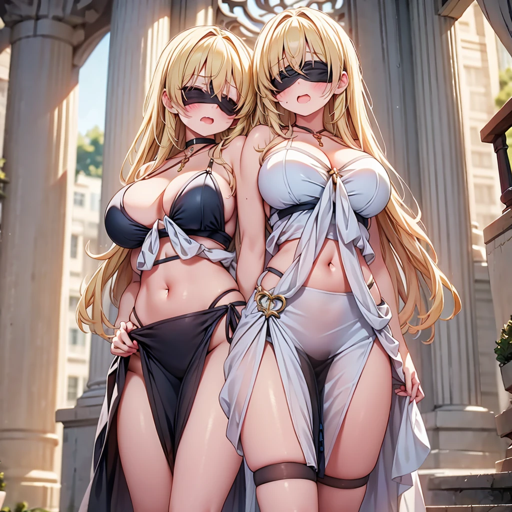 highest quality,wonderful,finely,extremely detailed CG Unity 8K wallpaper, (Stand in line:1.2), (3 girls, blonde, clothed), (huge breasts:1.2), (cleavage cutout:1.1), (crop top navel:1.1), (open mouth:1.1), (long tongue:1.1), (mouth drool:1.1), (black stockings:1.1),(Thighs:1.2),(Waistline:1.2),(black blindfold, blindfold:1.5)