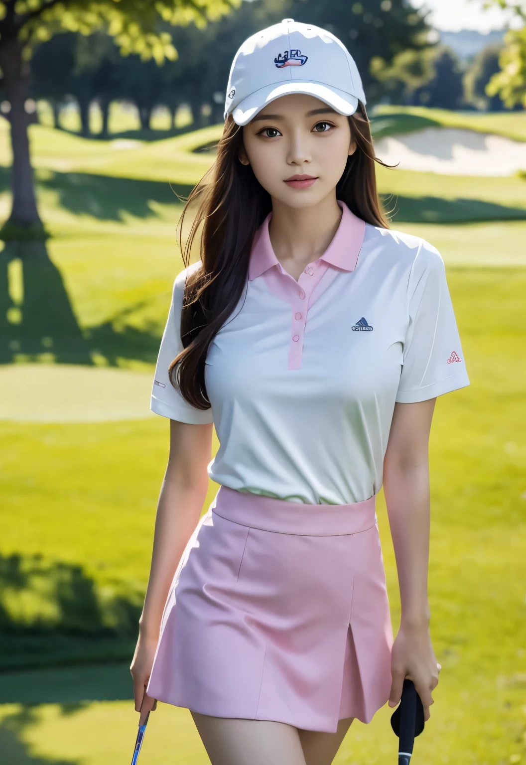 masterpiece, best quality:1.1), (8k, raw photo, photo realistic:1.2, f22), (shiny skin), detailed skin,long hair,detailed face, detailed eyes,BREAK, real world, intricate details, smil, BREAK, 1girl, full body,(pink,Polo shirt,mini skirt,cap),BREAK, (golf:1.4), BREAK