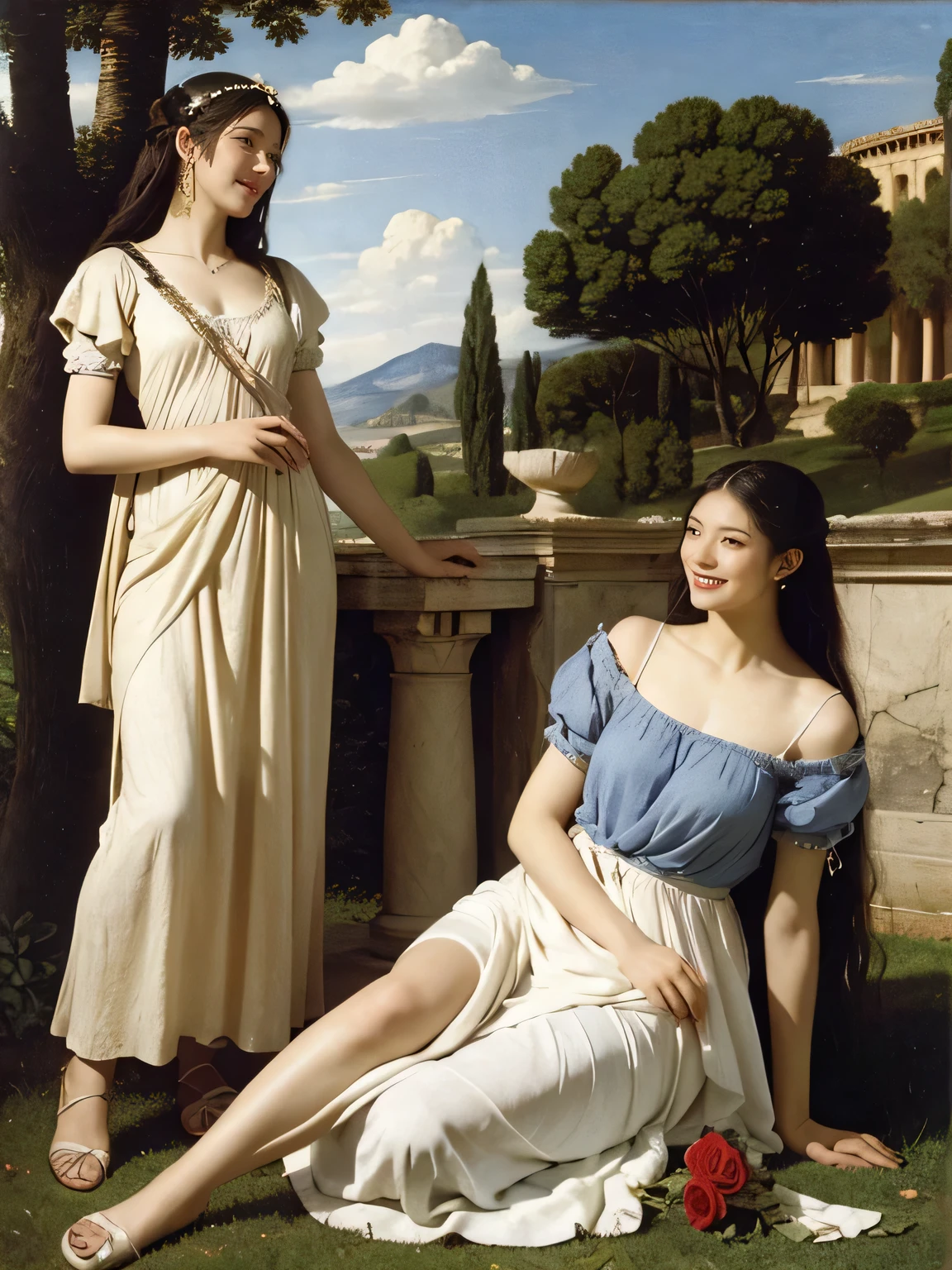 full body portrait or statue、Giorgione painting style,Arguments of two female Philosophe,math、astronomical machine、astronaut、roses in vase、fruits、Cute trinkets、smile、ancient greek costume、Ancient Roman landscape in the style of Nicolas Poussin,laughter,,Sweet and seductive appearance.、Caravaggio's paintings、Chiaroscuro of Caravaggio、hair tousled by the wind,Two women frolicking,cute smile, expression of ecstasy,Sexy,erotic,