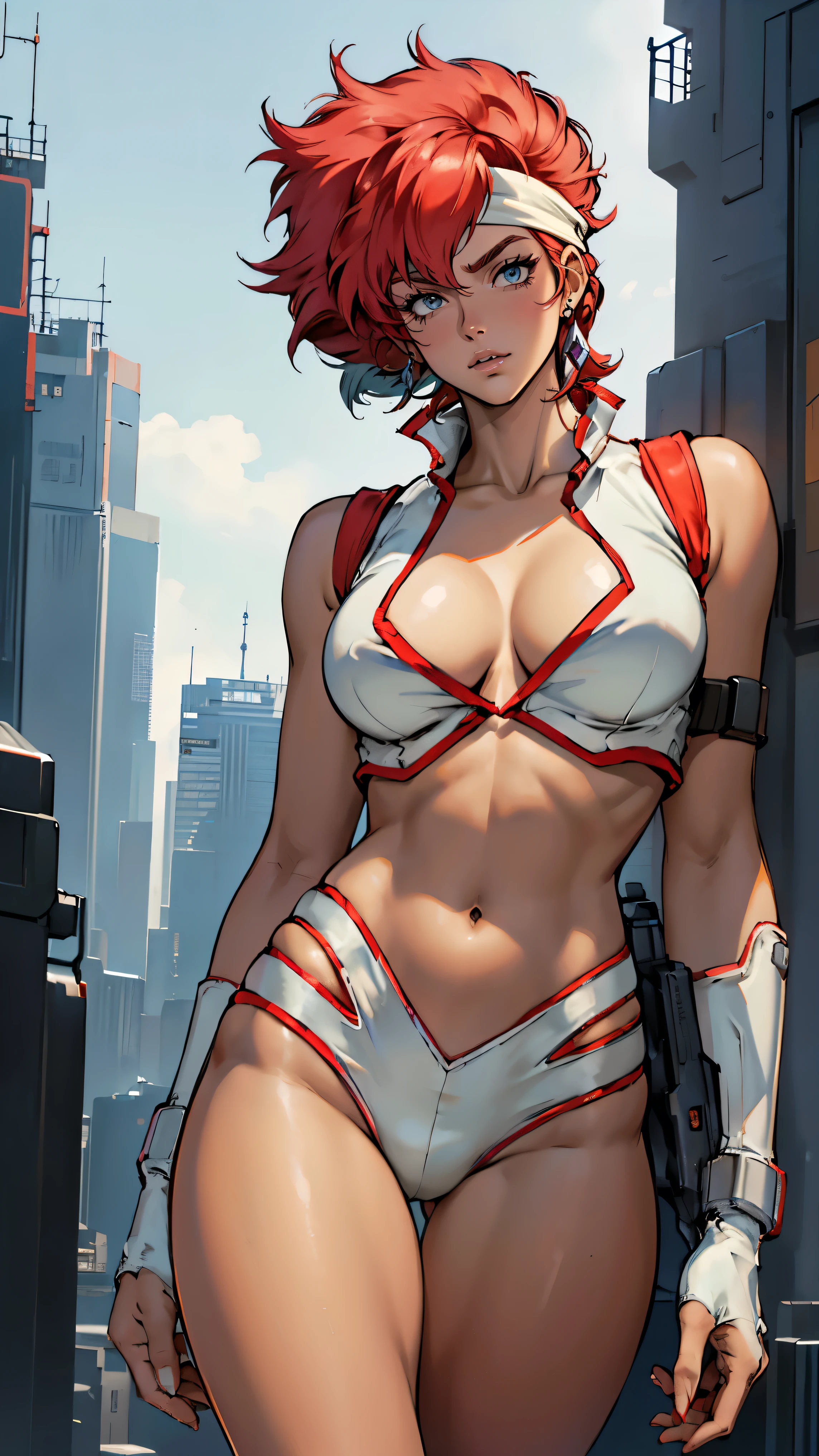 ((Masterpiece, highest quality; 1.3)), super quality, beautiful detail, super detailed, extra fine, 16K, exquisite, absurd, high resolution, beautiful background, detailed background, beautiful eyes, beautiful skin, anime style, Kay from Dirty Pair in a white outfit, tight outfit, cleavage, bushy redhead beauty, very light blue uniform, wearing tight clothes, skimpy, (mid chest: 1.2), cleavage, cleavage, , slim waist, slim thighs, thigh gap, showing stomach, skinny, thin hips, cyberpunk city background, retro space gun holding, headband,