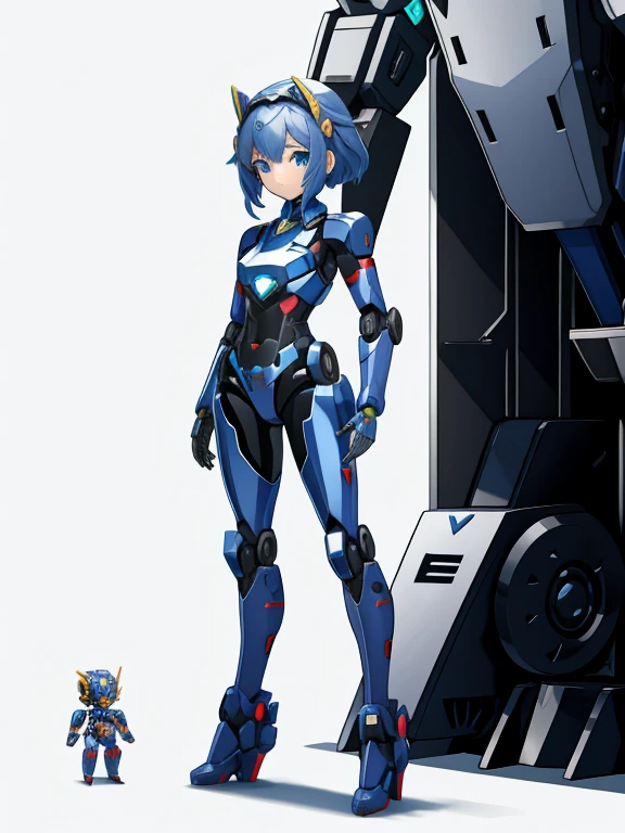 A woman who becomes a hero robot and a small robot that supports the hero,
 Cute and pretty,
 Full Body Shot,
 A small robot combines with a woman&#39;s head to become a beautiful female robot.,
 Before after