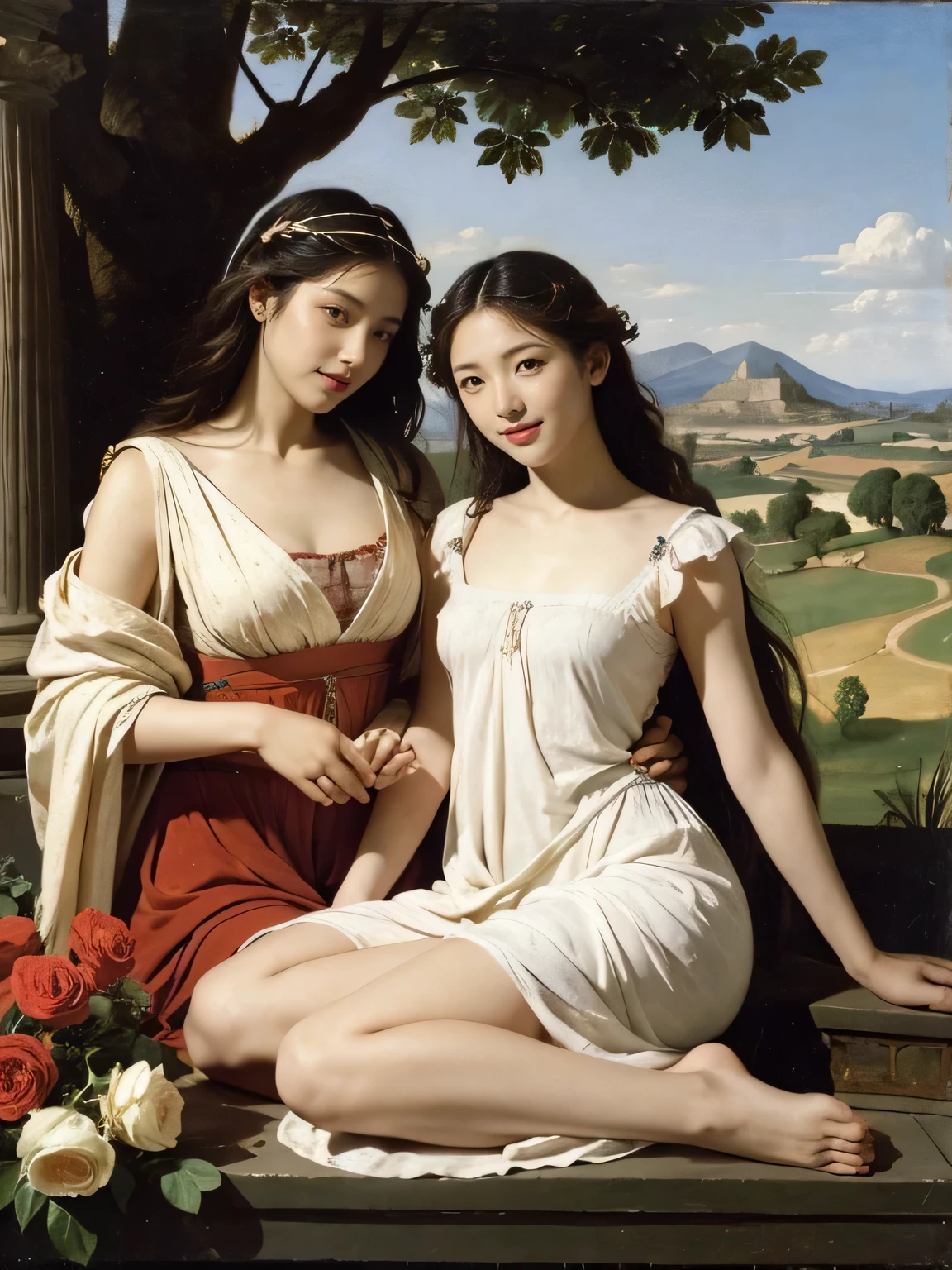 full body portrait or statue、Giorgione painting style,Arguments of two female Philosophe,math、astronomical machine、astronaut、roses in vase、fruits、Cute trinkets、smile、ancient greek costume、Ancient Roman landscape in the style of Nicolas Poussin,laughter,,Sweet and seductive appearance.、Caravaggio's paintings、Chiaroscuro of Caravaggio、hair tousled by the wind,Two women frolicking,cute smile, expression of ecstasy,Sexy,erotic,